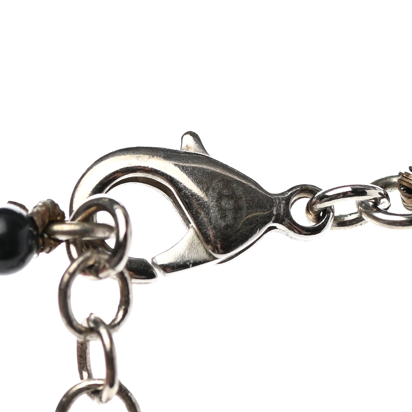Pearl Beaded CC Long Necklace Black Silver