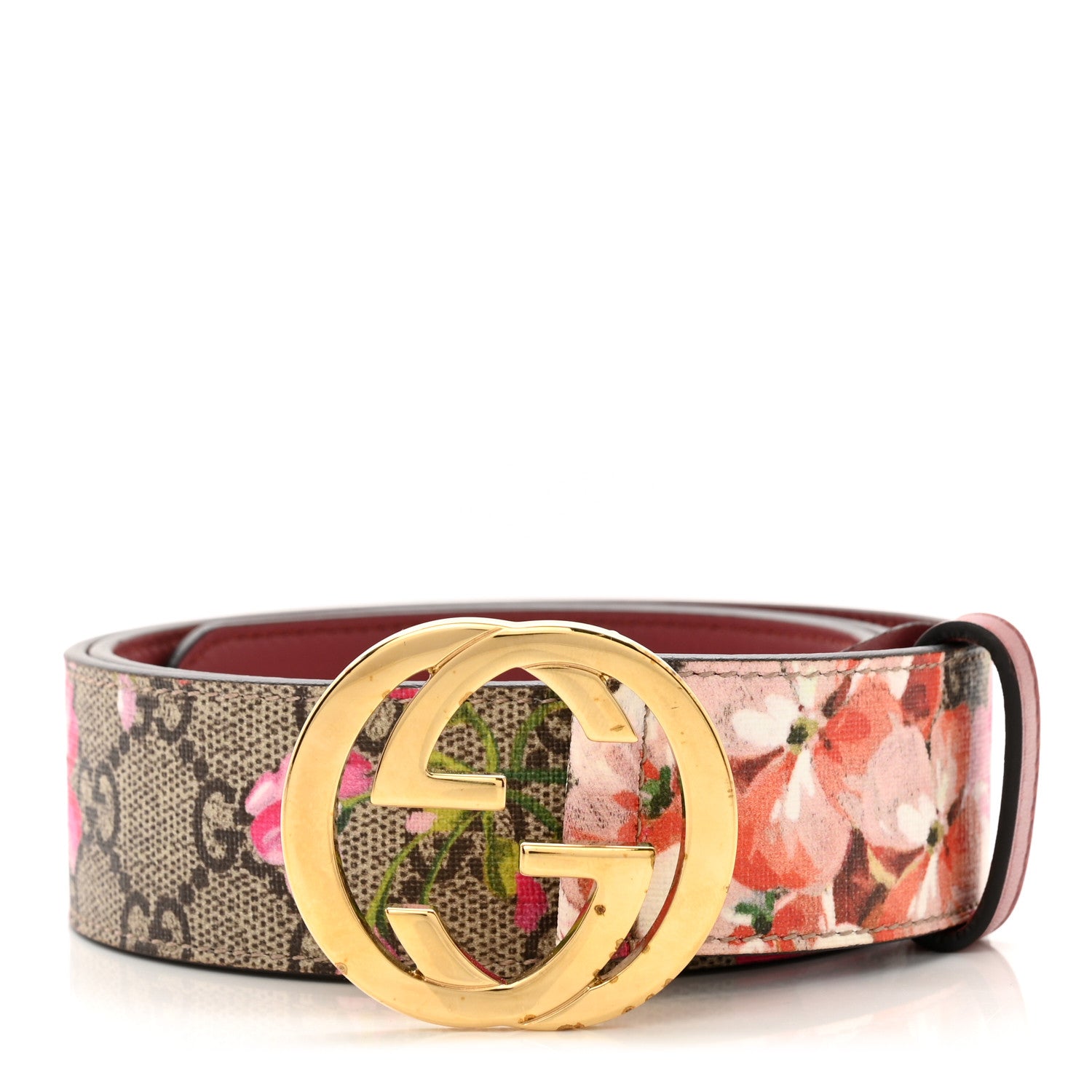 Gucci GG Supreme Monogram Blooms Moon Calfskin Interlocking G 37mm Belt 85 34 Beige Ebony Multicolor Dry Rose 1 of 5