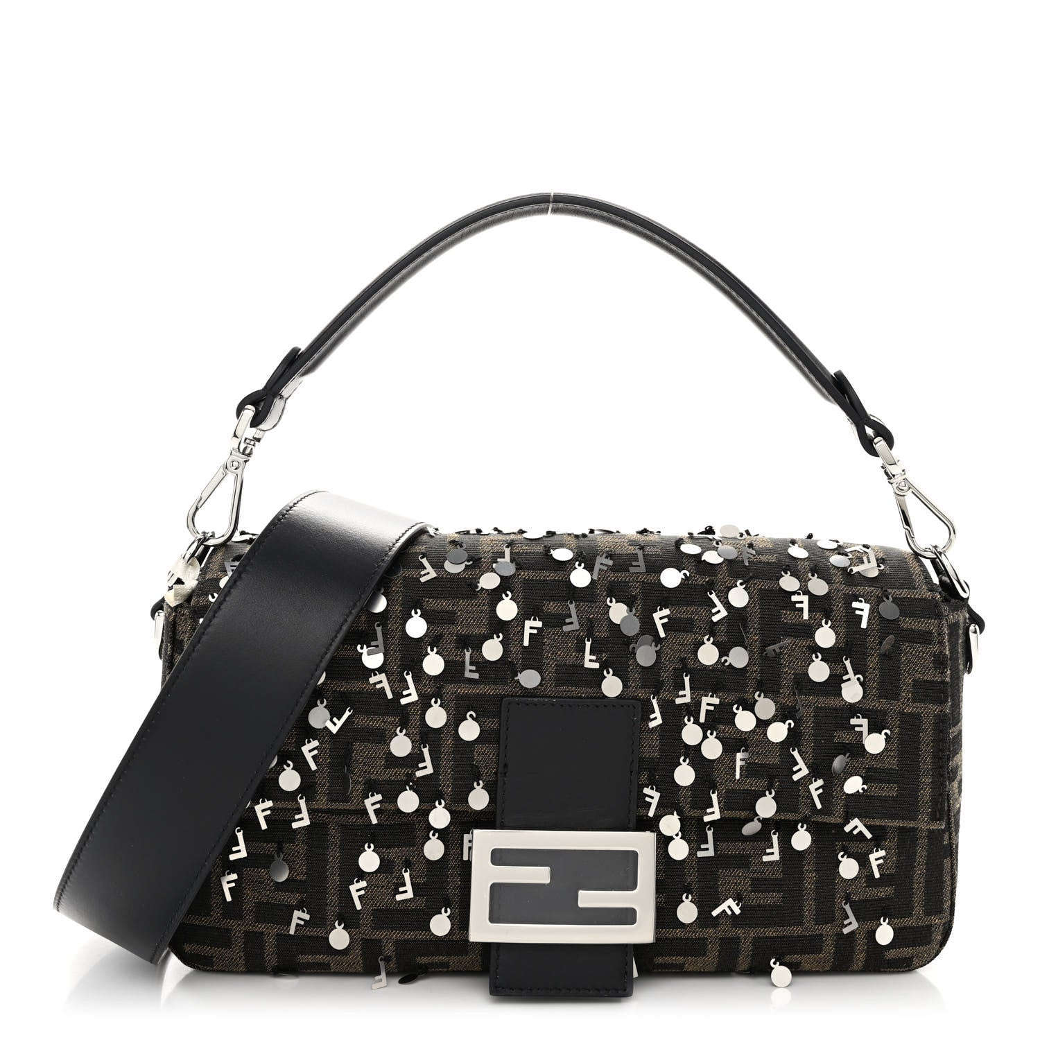 Fendi Fabric Jacquard F Paillettes Vitello Cover FF 1974 Embroidered Baguette Tobacco Moro Argento 1 of 9