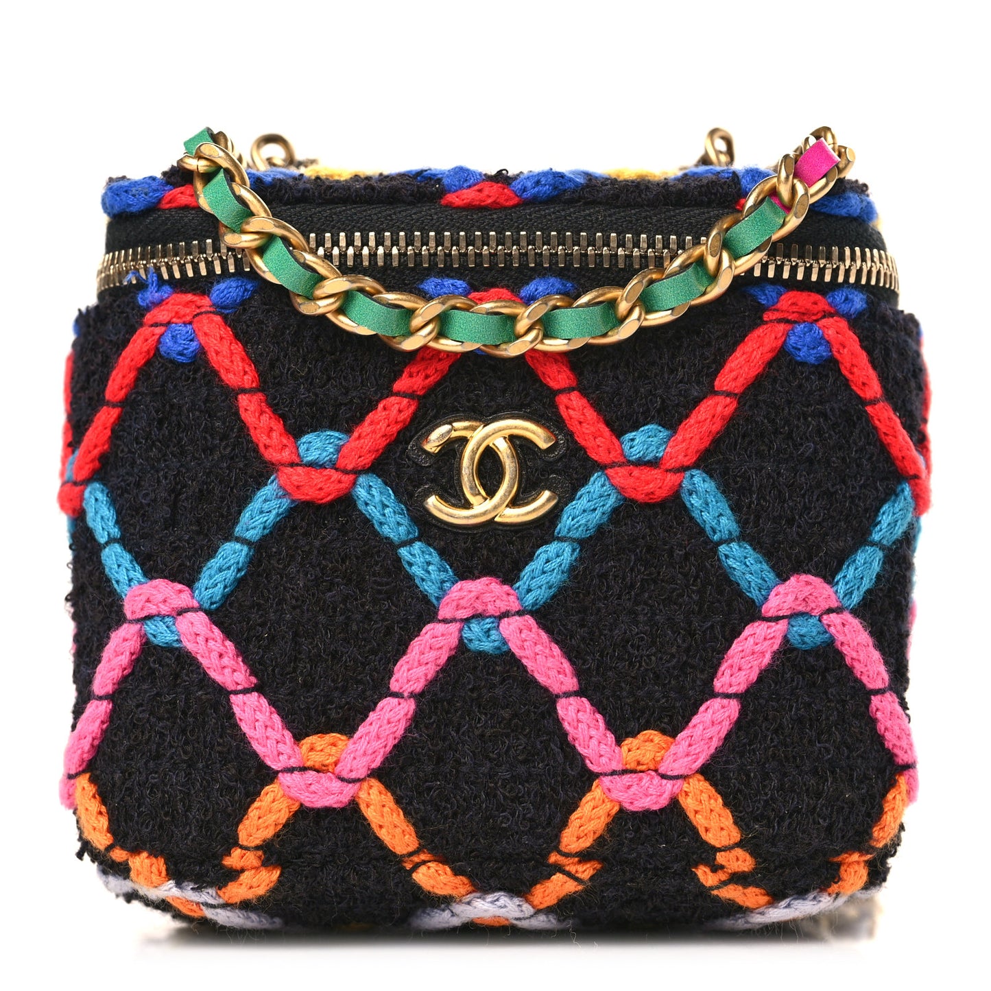 Tweed Diamond Threaded CC Pearl Crush Mini Vanity Case With Chain Black Multicolor