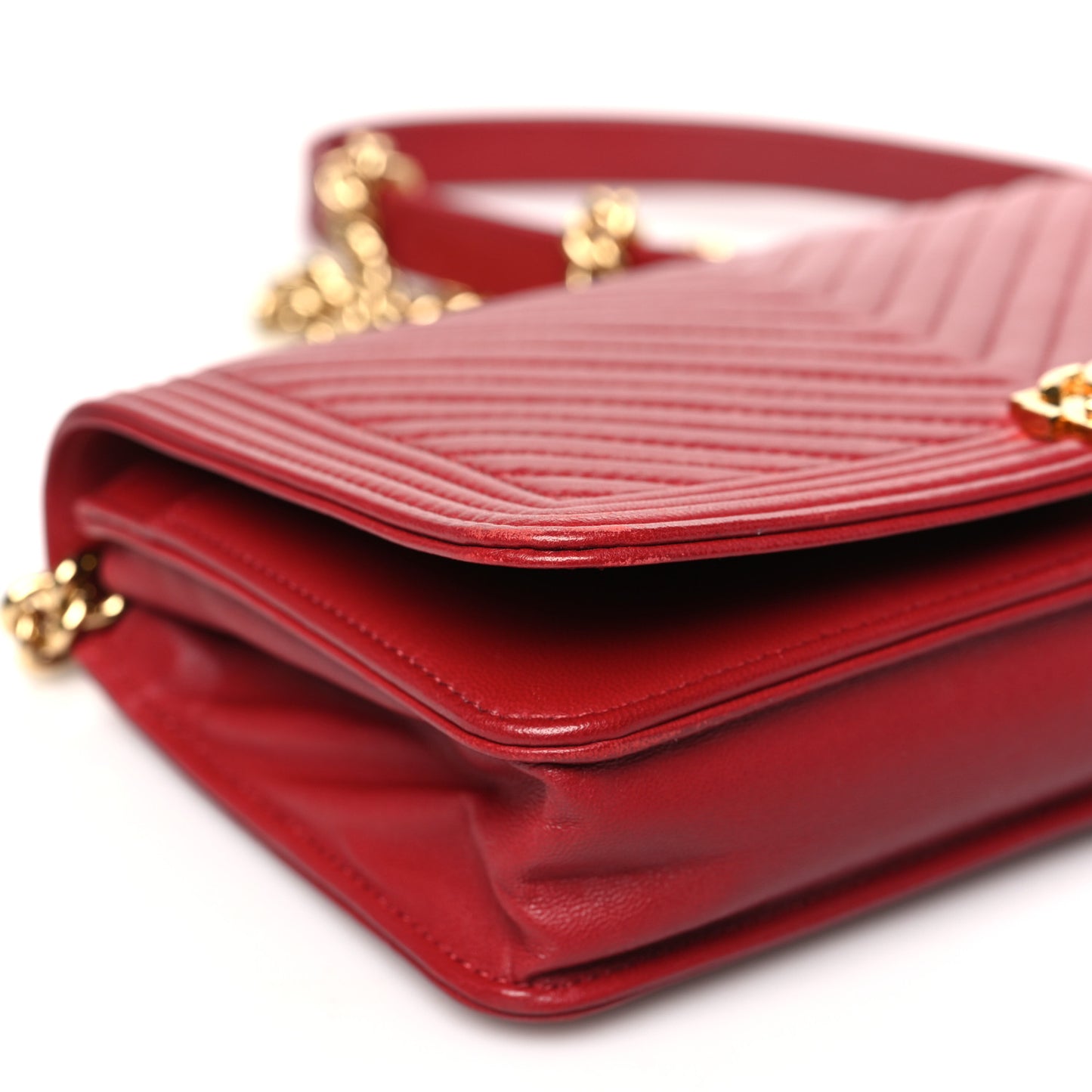 Lambskin Chevron Quilted Boy Wallet On Chain WOC Red