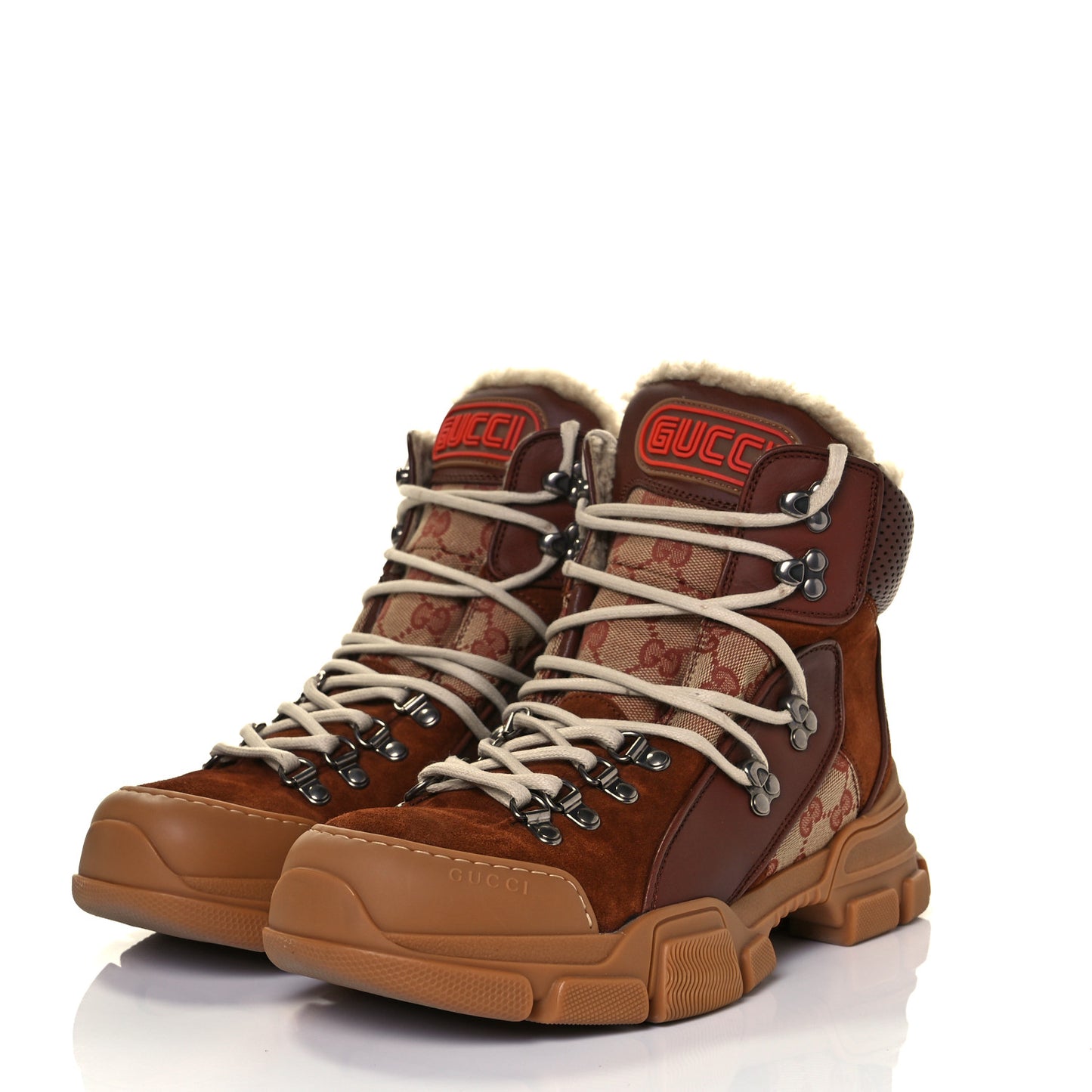 X SEGA Suede Shearling Calfskin GG Monogram Mens Flashtrek High-Top Sneakers 7 New Cuir Beige Ruggine