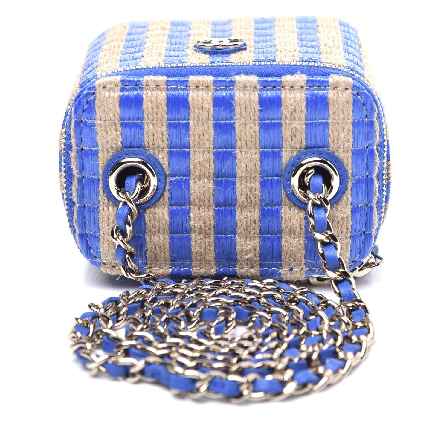 Raffia Jute Striped Mini Vanity Case With Chain Blue Beige