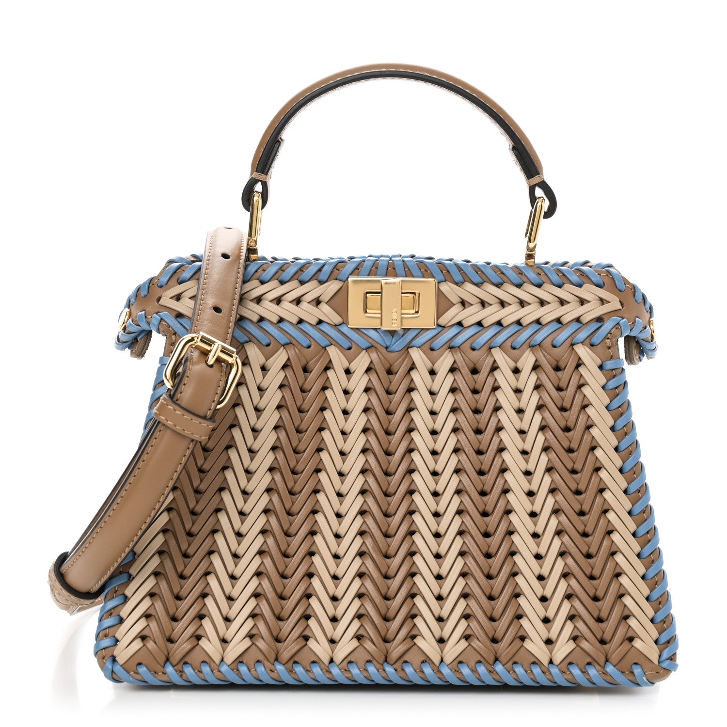 Fendi Vitello King Shiny Nappa Intreccio Petite Peekaboo I SEE U Satchel Sand Beige Blue 1 of 9