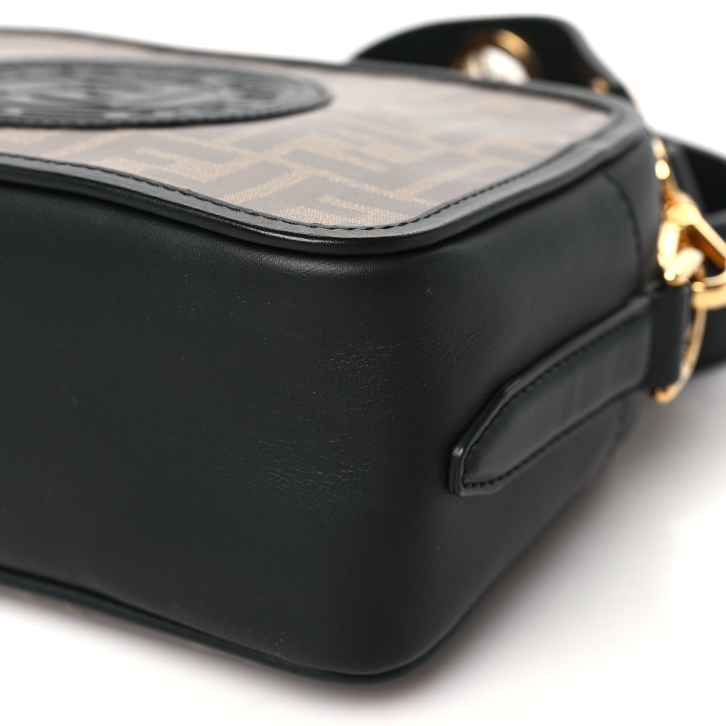 Glazed Fabric Vitello Century F is Fendi FF 1974 Stamp Patch Camera Case Mogano Panna Black