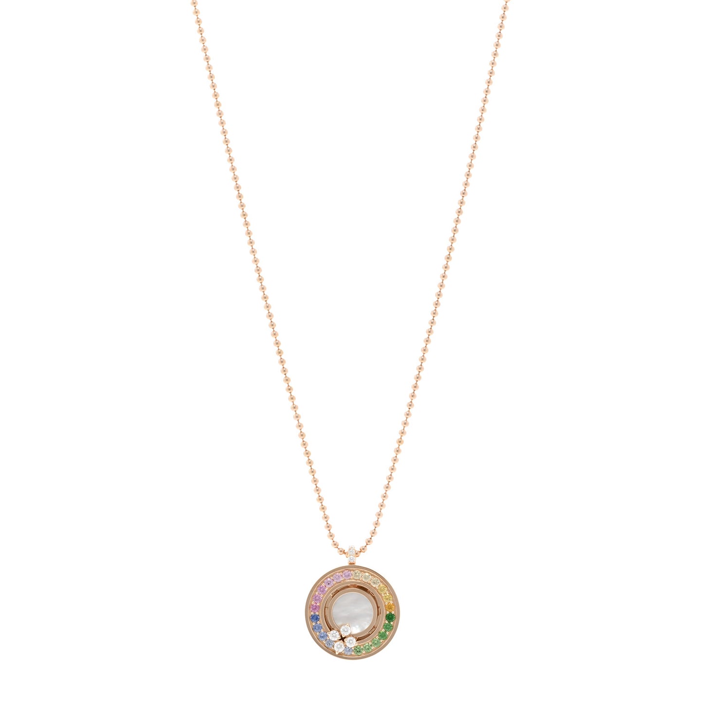 18K Rose Gold Diamond Sapphire Tsavorite Mother of Pearl Love in Verona Rainbow Medallion Necklace