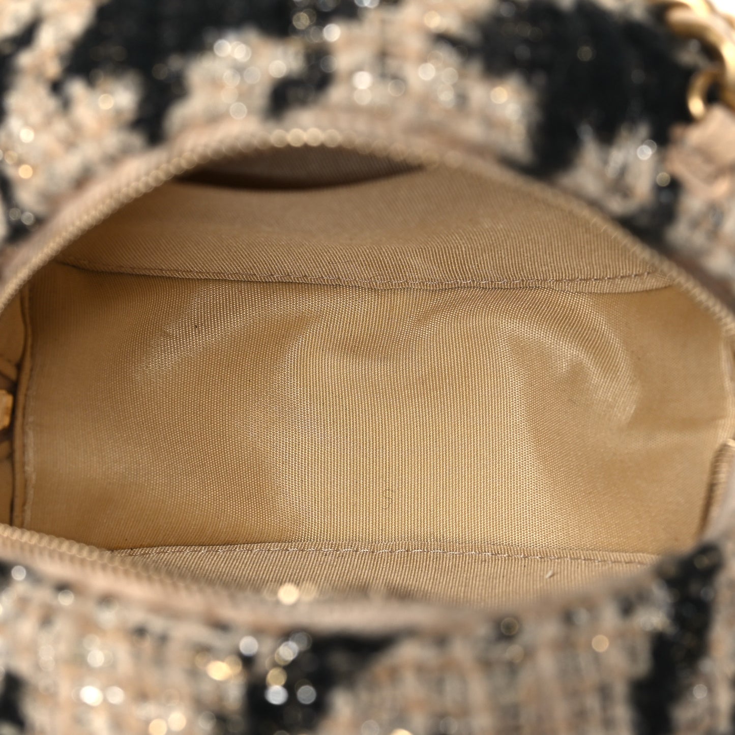 Wool Tweed Lambskin Quilted Chanel 19 Round Clutch With Chain and Coin Purse Beige Black