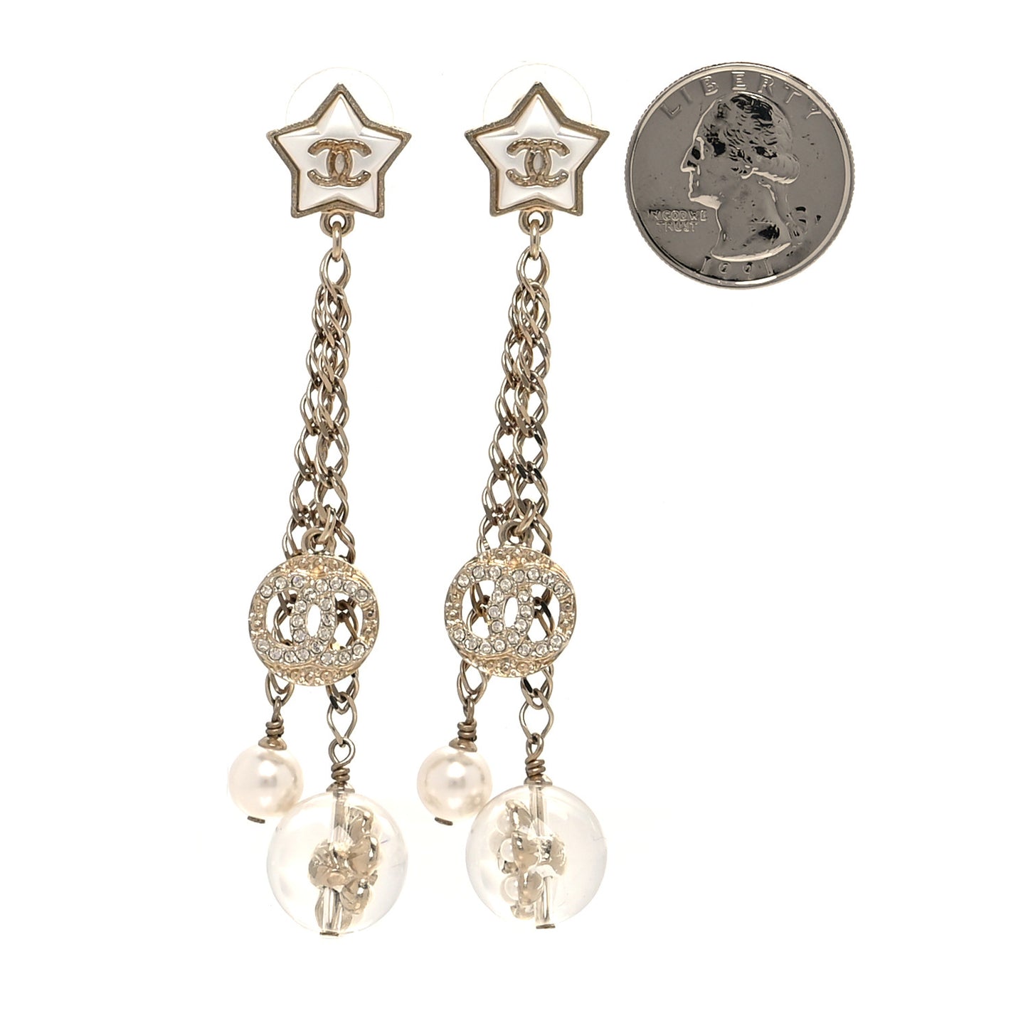 Crystal Pearl Resin CC Star Dangle Earrings Gold