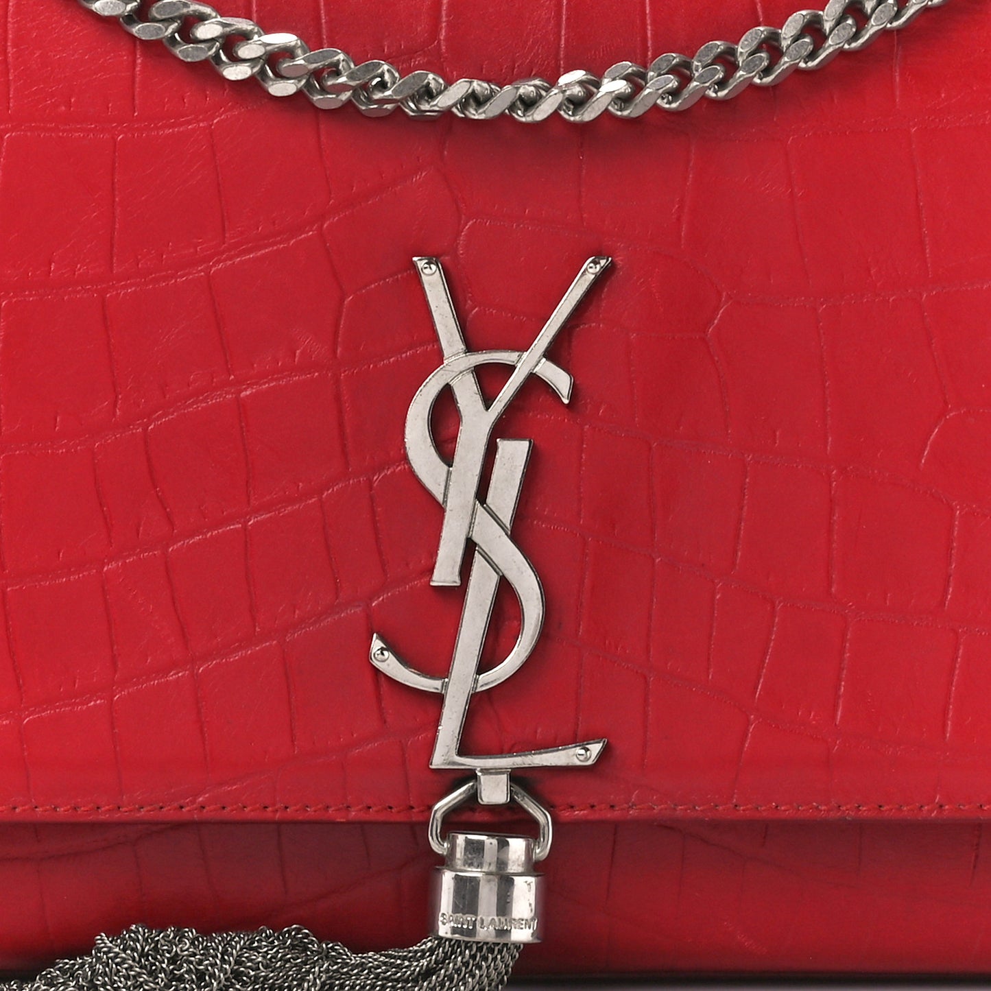 Calfskin Crocodile Embossed Medium Classic Monogram Kate Tassel Satchel New Red