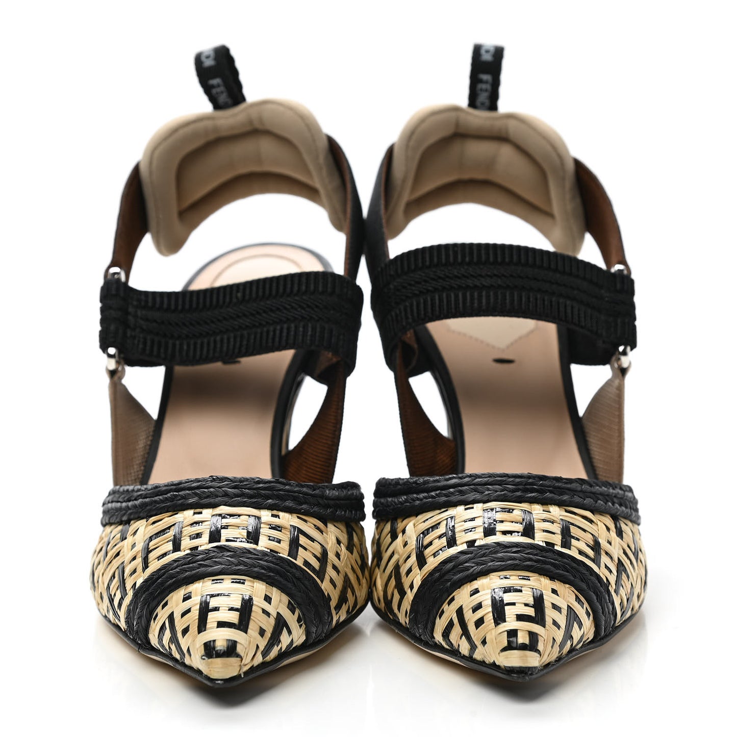 Raffia Grosgrain FF Intreccio Colibri 85mm Slingback Pumps 35 Naturale Black