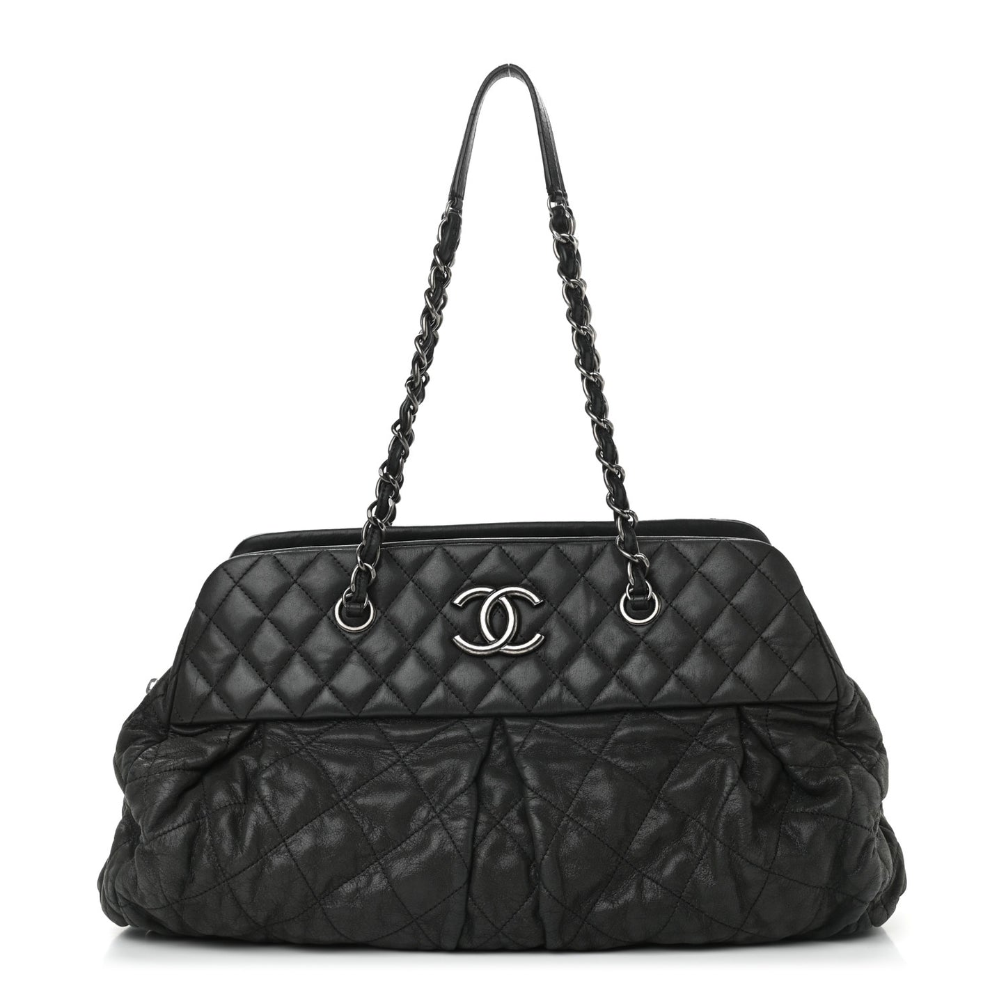 Iridescent Calfskin Chic Quilt Bowling Bag Black