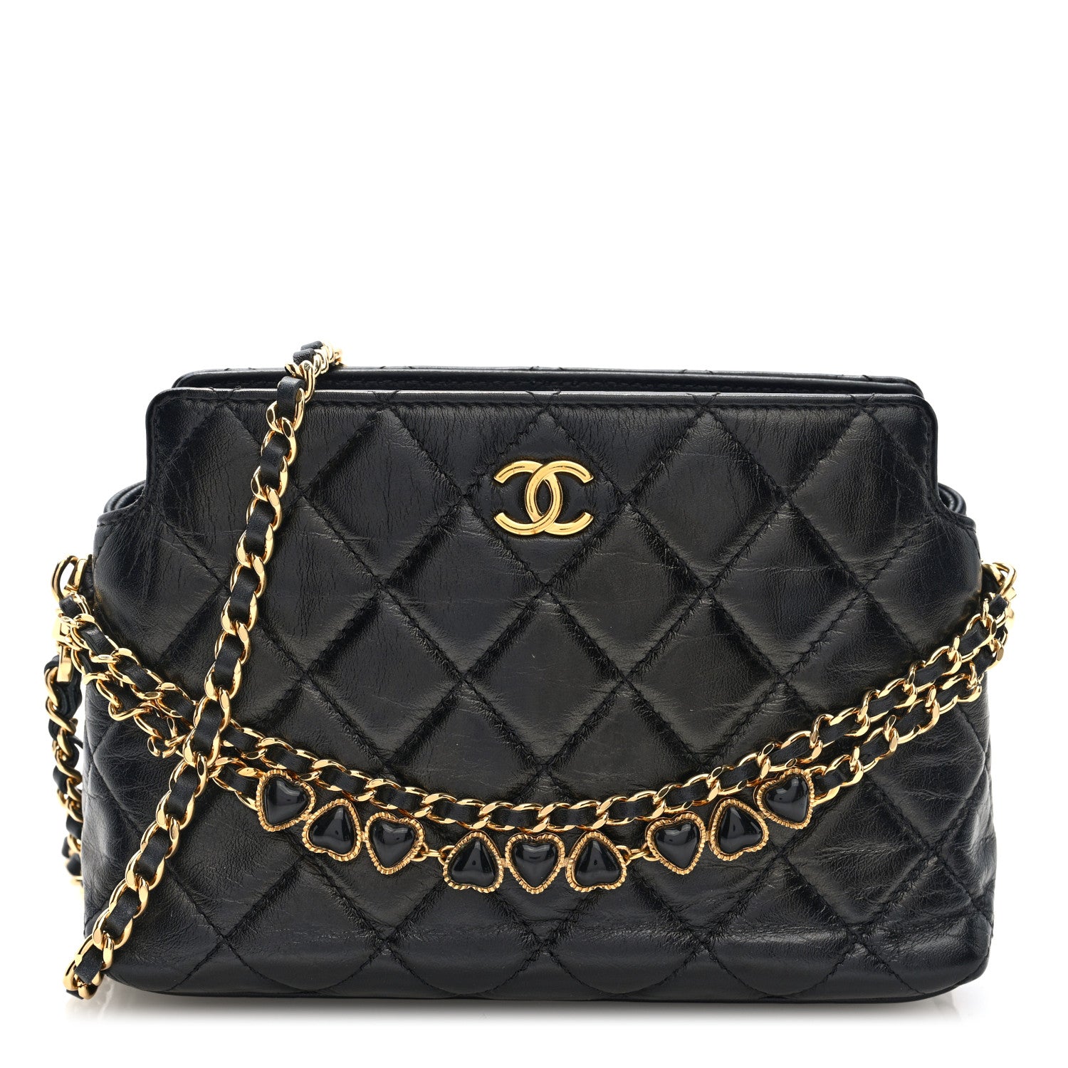 Chanel Shiny Crumpled Calfskin Quilted Clutch With Chain Black