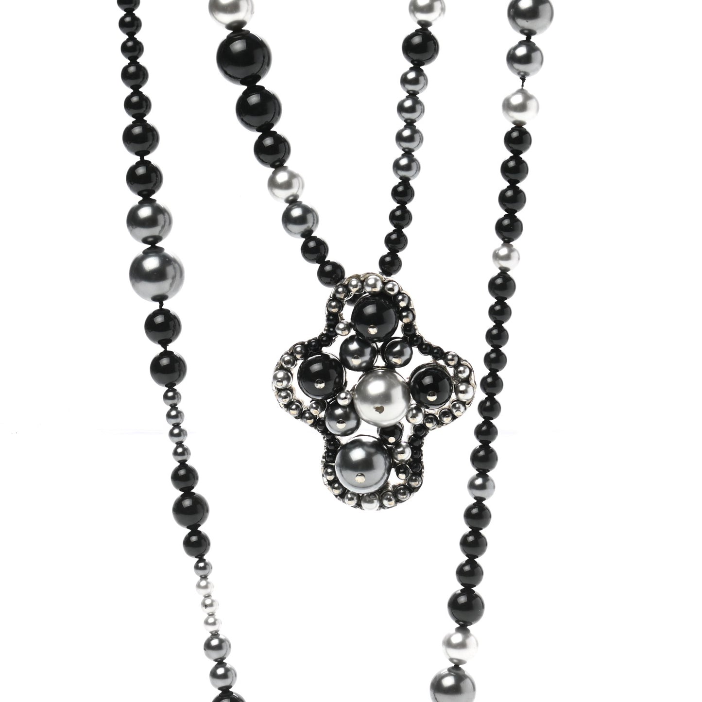 Pearl Beaded CC Long Necklace Black Silver