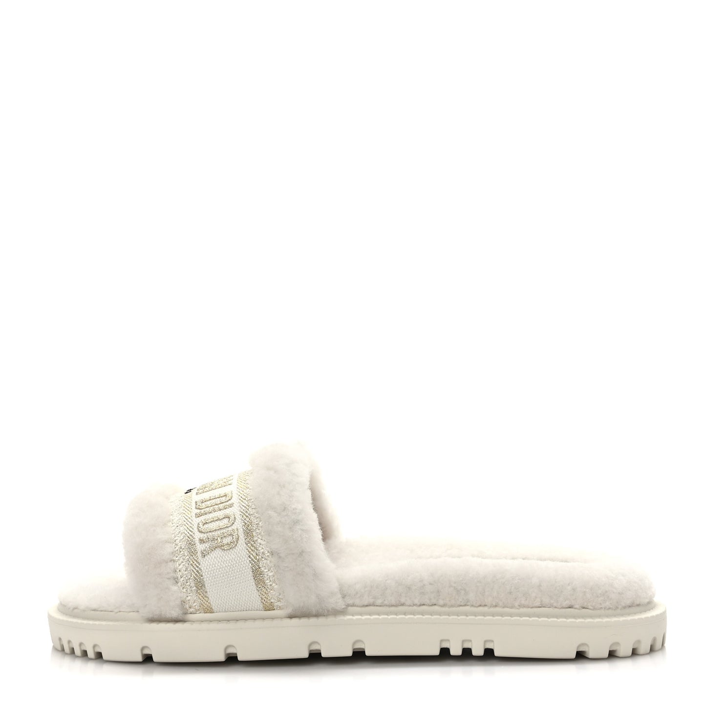 Shearling Canvas Lurex Embroidered Dway 10mm Slide Sandals 38 Natural Platinum