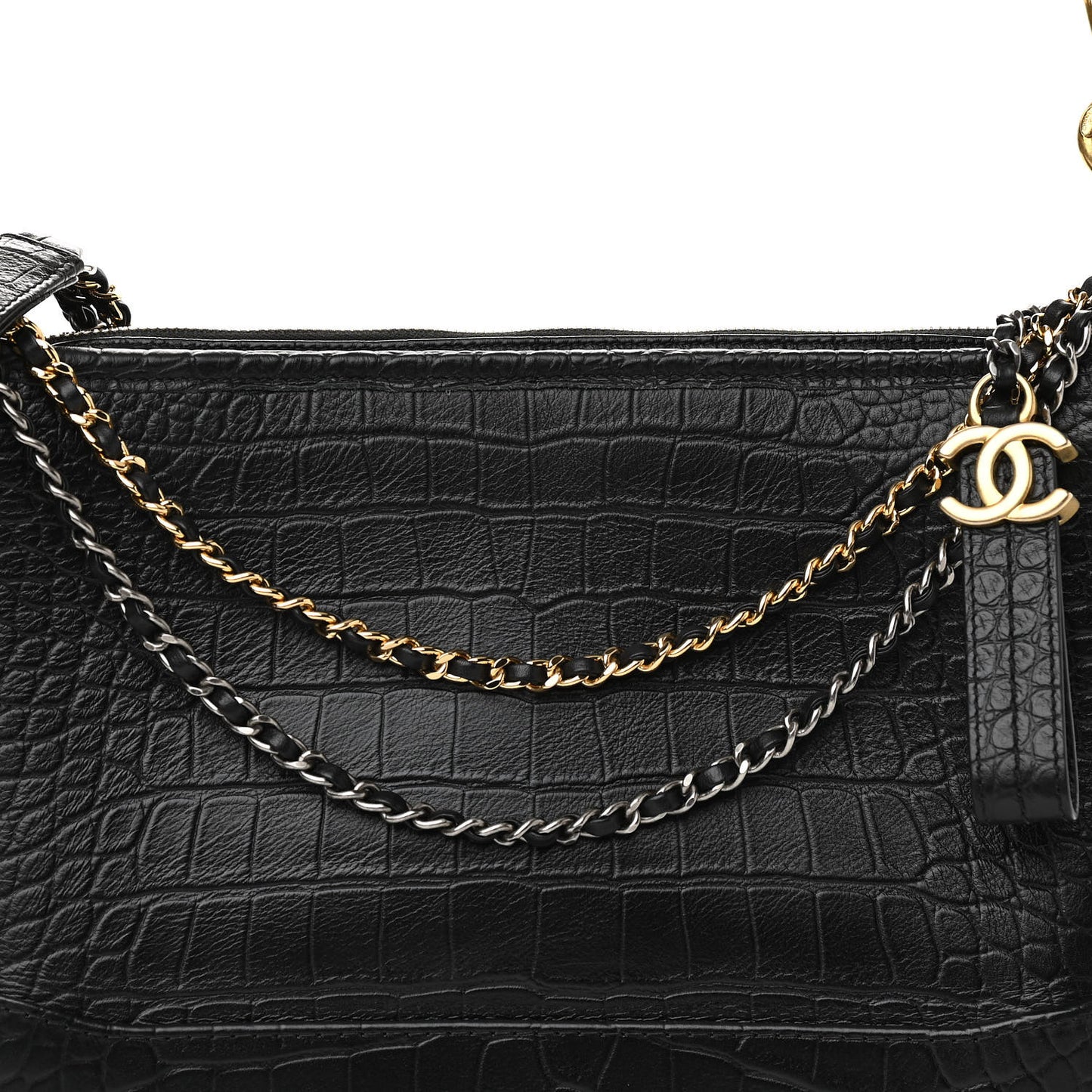 Crocodile Embossed Calfskin Medium Gabrielle Cocodile Hobo Black