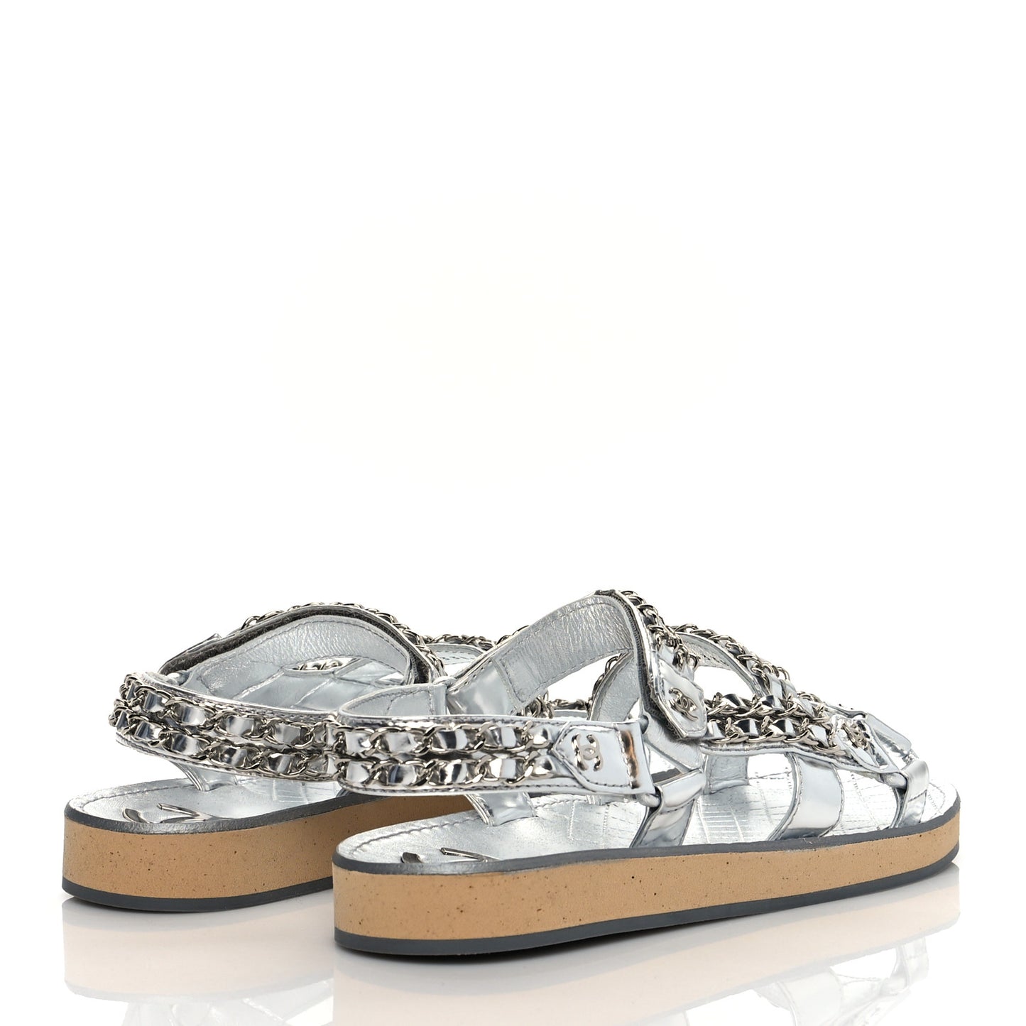 Metallic Calfskin Chain Flat Sandals 38 Silver