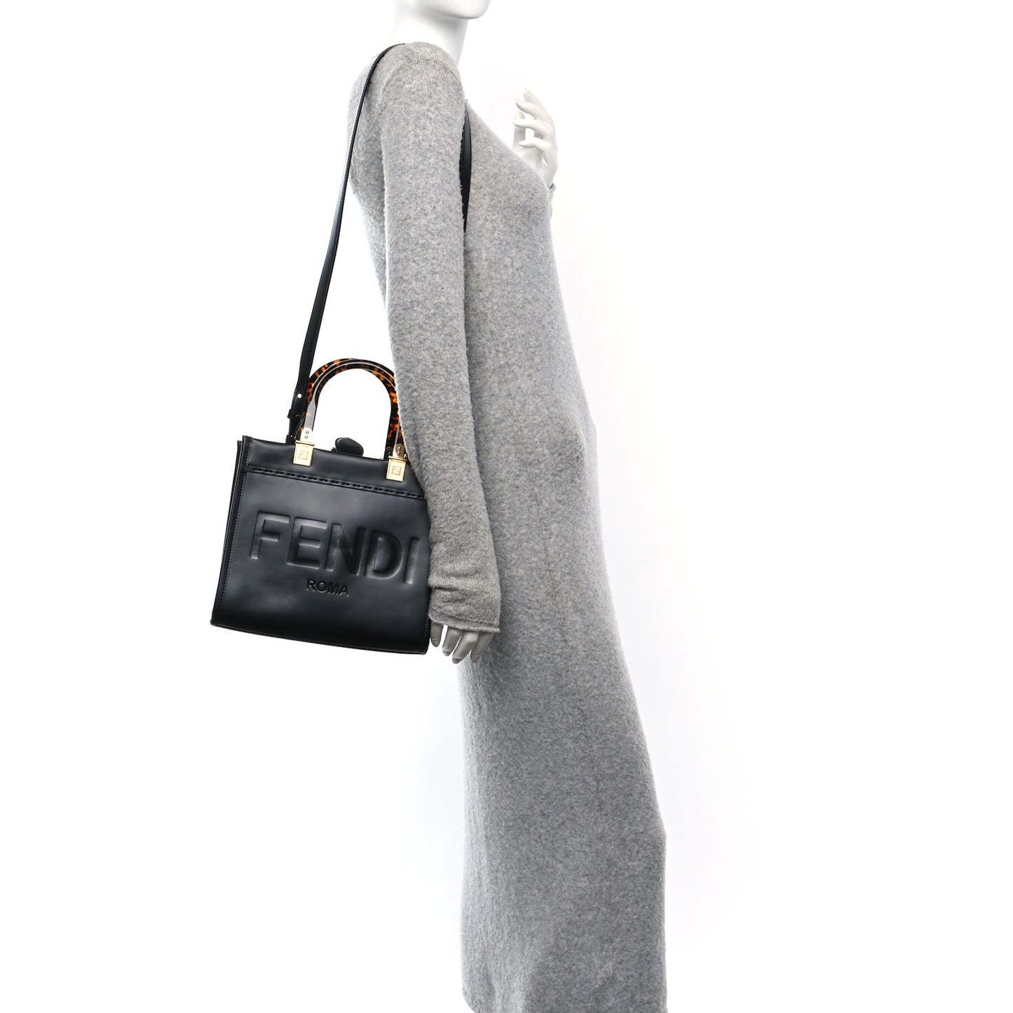 Vitello King Plexiglass Logo Embossed Small Fendi Sunshine Shopper Tote Black
