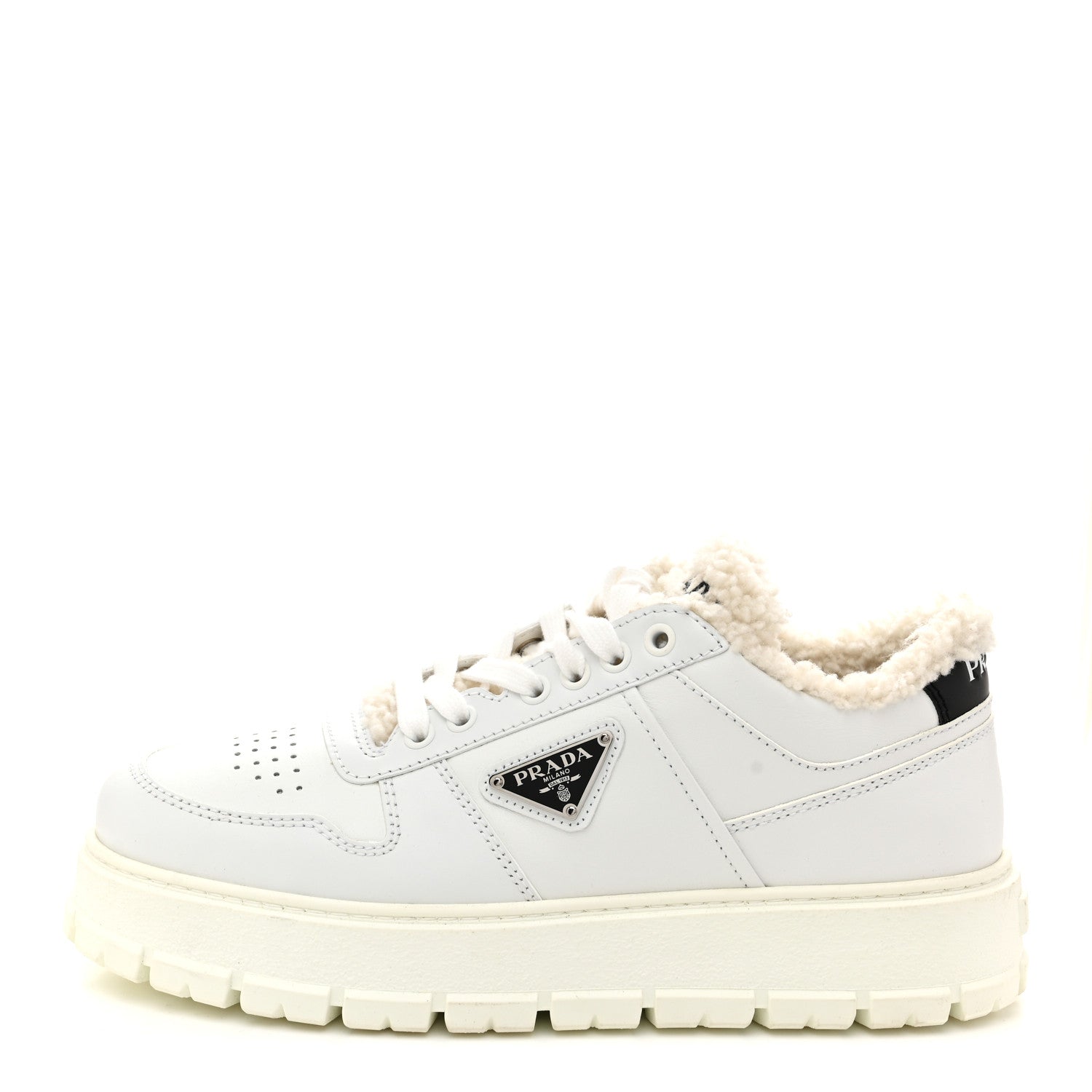 Prada Calfskin Shearling Metal Triangle Logo Sneakers 35.5 White