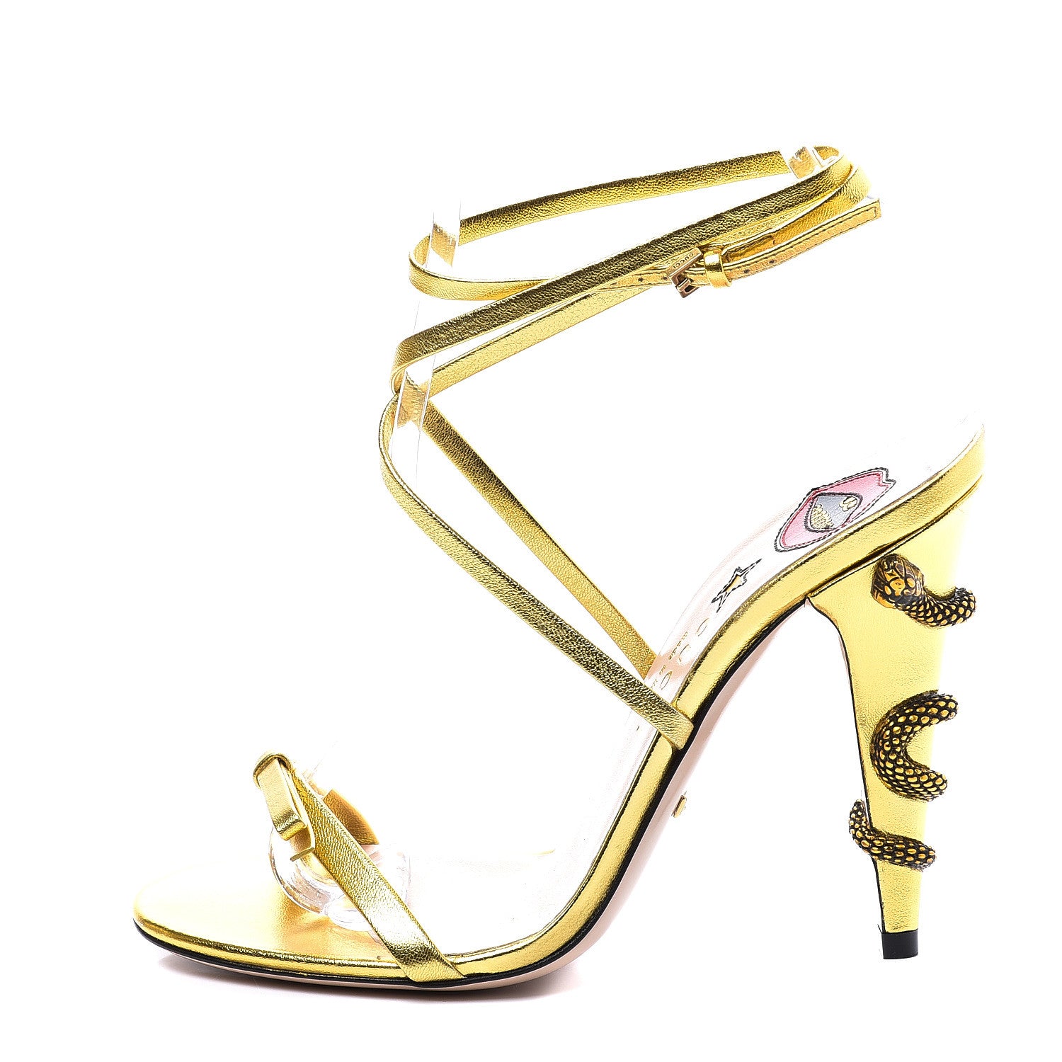 Gucci Metallic Nappa Snake Criss Cross High Heel Sandals 37 Gold