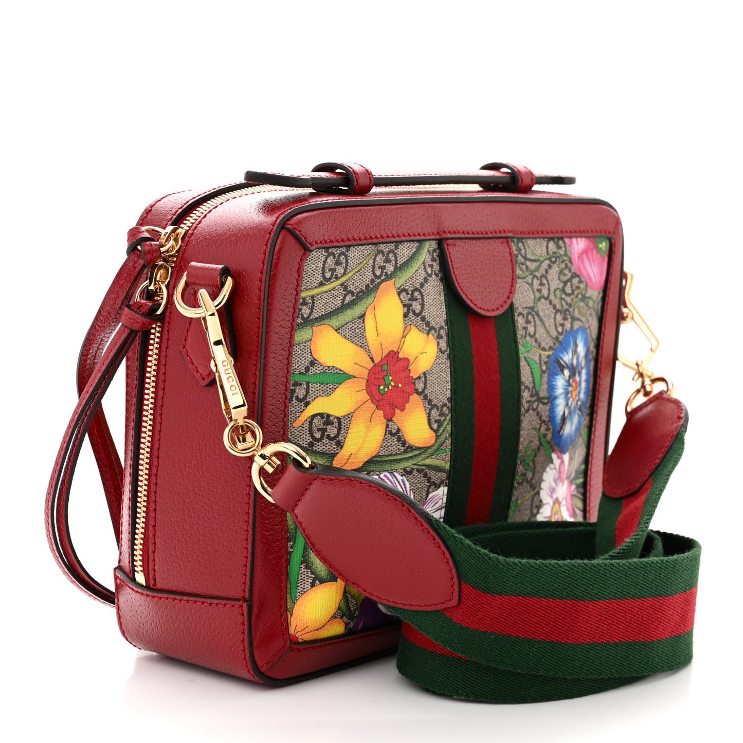 GG Supreme Monogram Flora Web Small Ophidia Top Handle Shoulder Bag Hibiscus Red