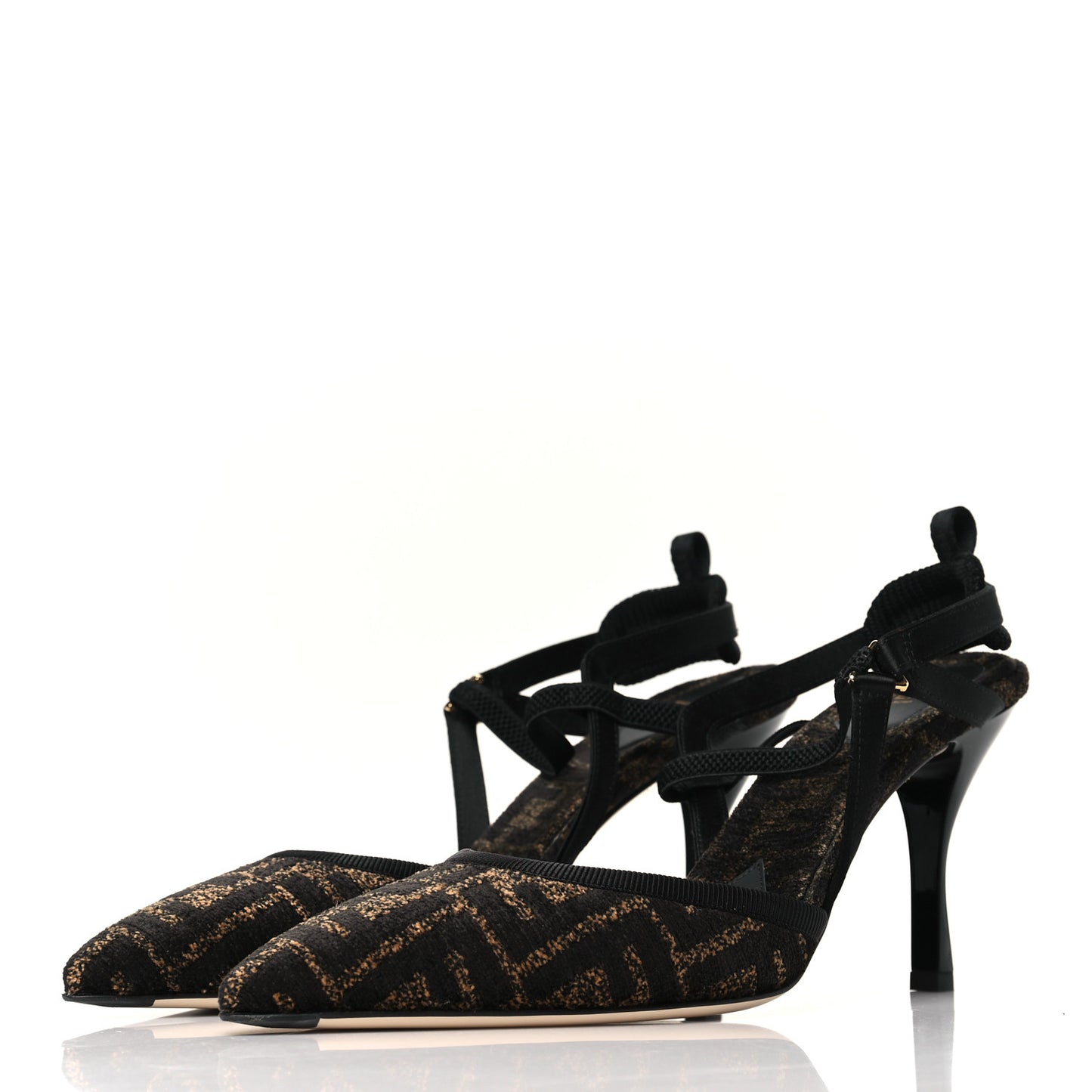 Fabric Jacquard FF Colibri Lite 85mm Slingback Pumps 40 Tobacco Black