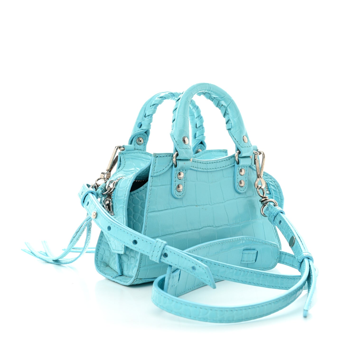 Calfskin Crocodile Embossed Neo Classic Silver Hardware Nano City Crossbody Azur