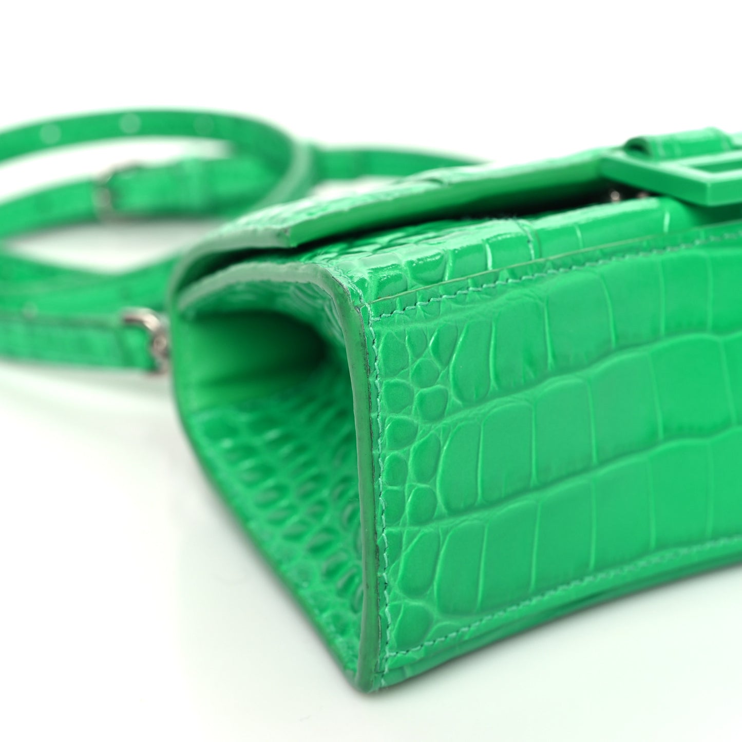 Shiny Calfskin Crocodile Embossed Hourglass Top Handle Bag XS Vivid Green