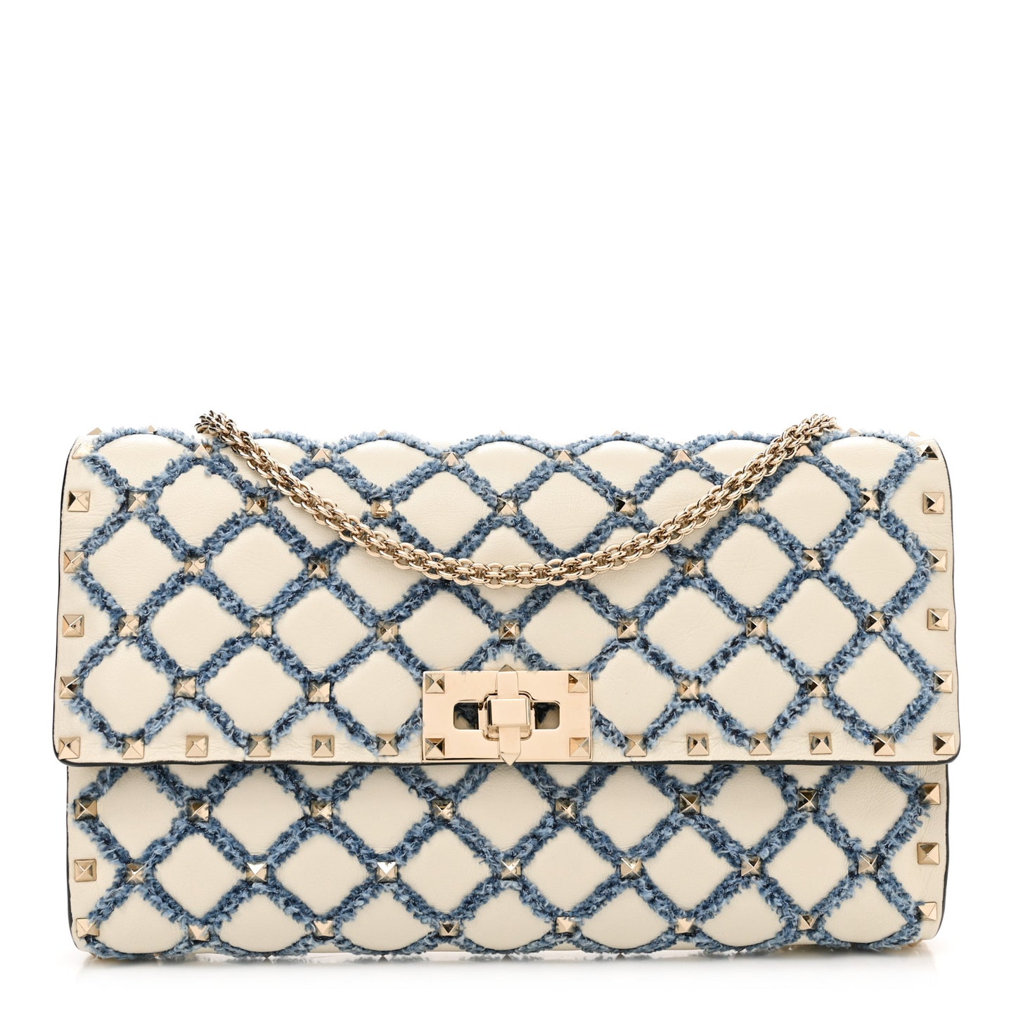 Nappa Denim Quilted Rockstud Spike Wallet on Chain Ivory Blue
