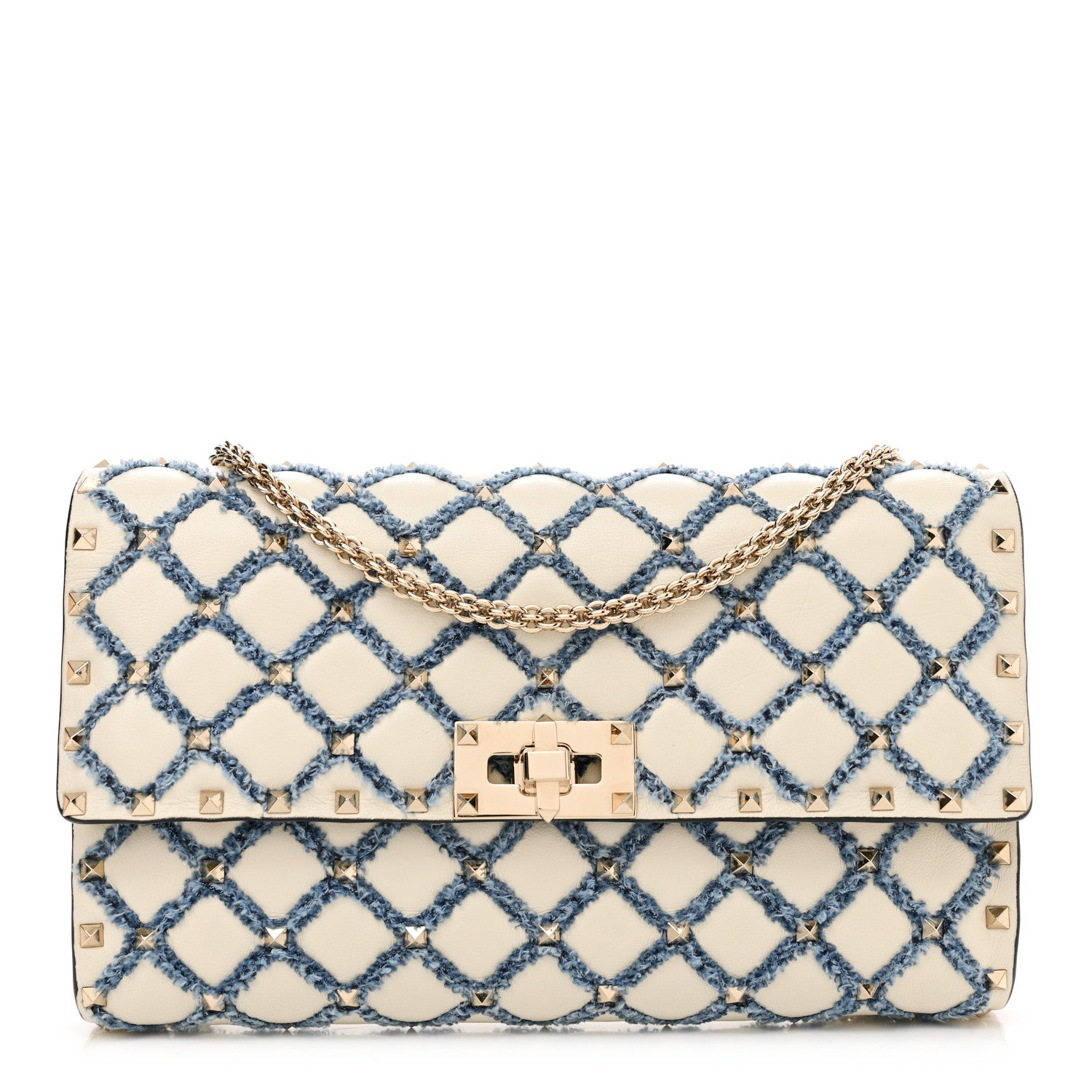 Valentino Garavani Nappa Denim Quilted Rockstud Spike Wallet on Chain Ivory Blue 1 of 13