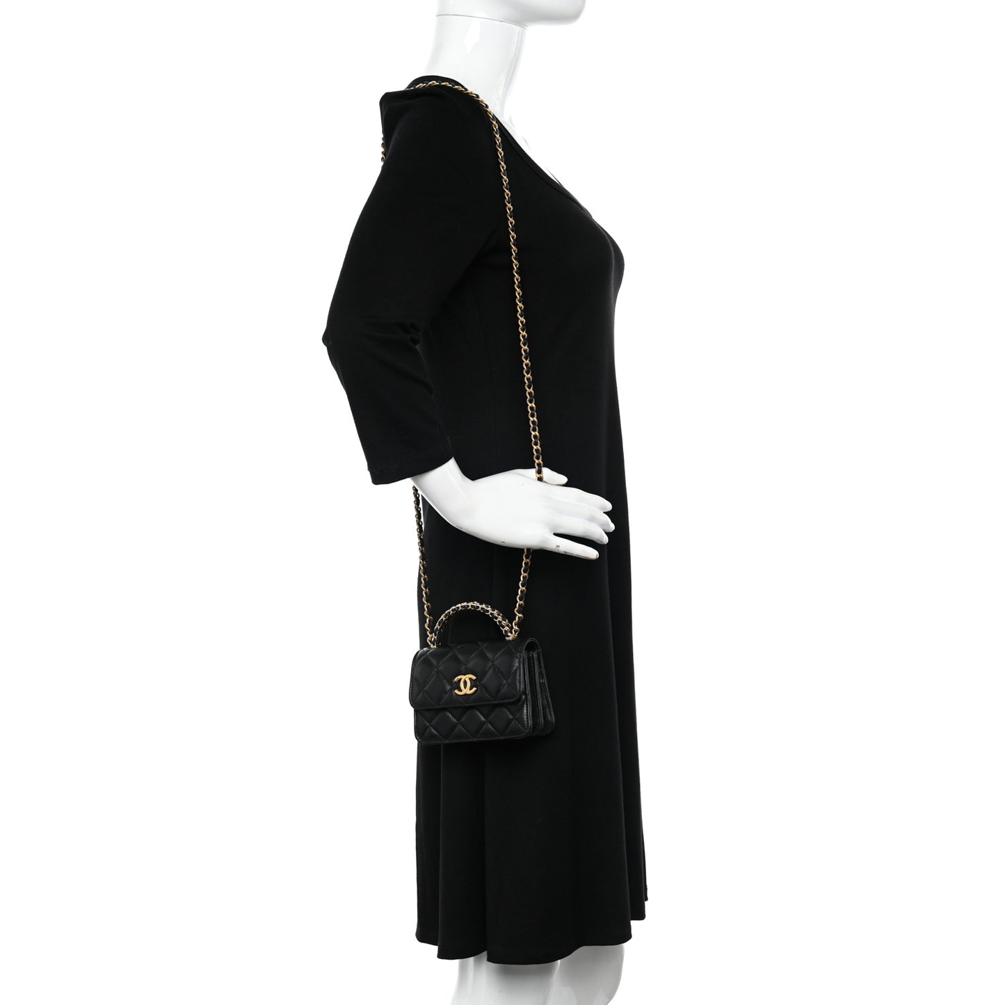 Lambskin Quilted Chain Top Handle Clutch With Chain Black