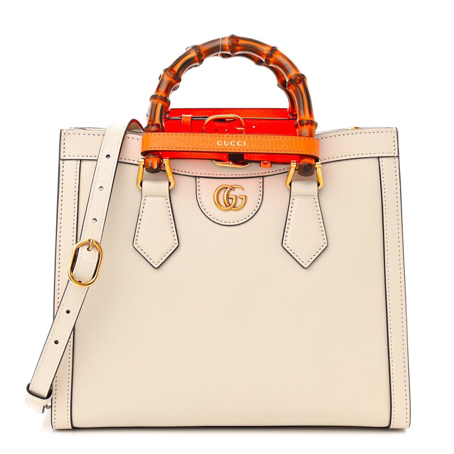 Gucci Wonka Grain Calfskin Small Diana Tote Bag Mystic White Orange Fluo 1 of 10