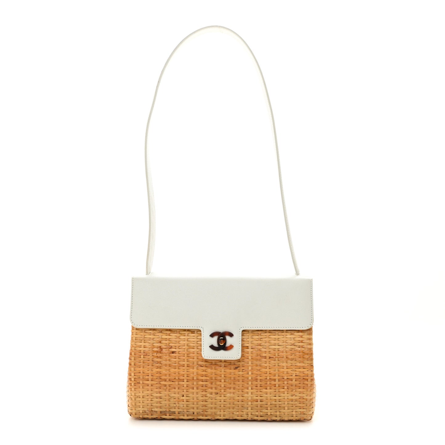 Calfskin Rattan Basket Flap Shoulder Bag White