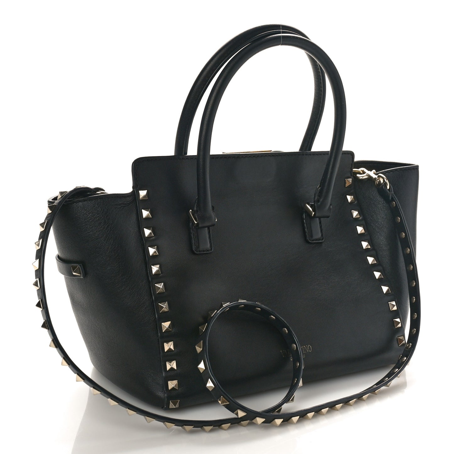 Vitello Small Rockstud Double Handle Tote Black