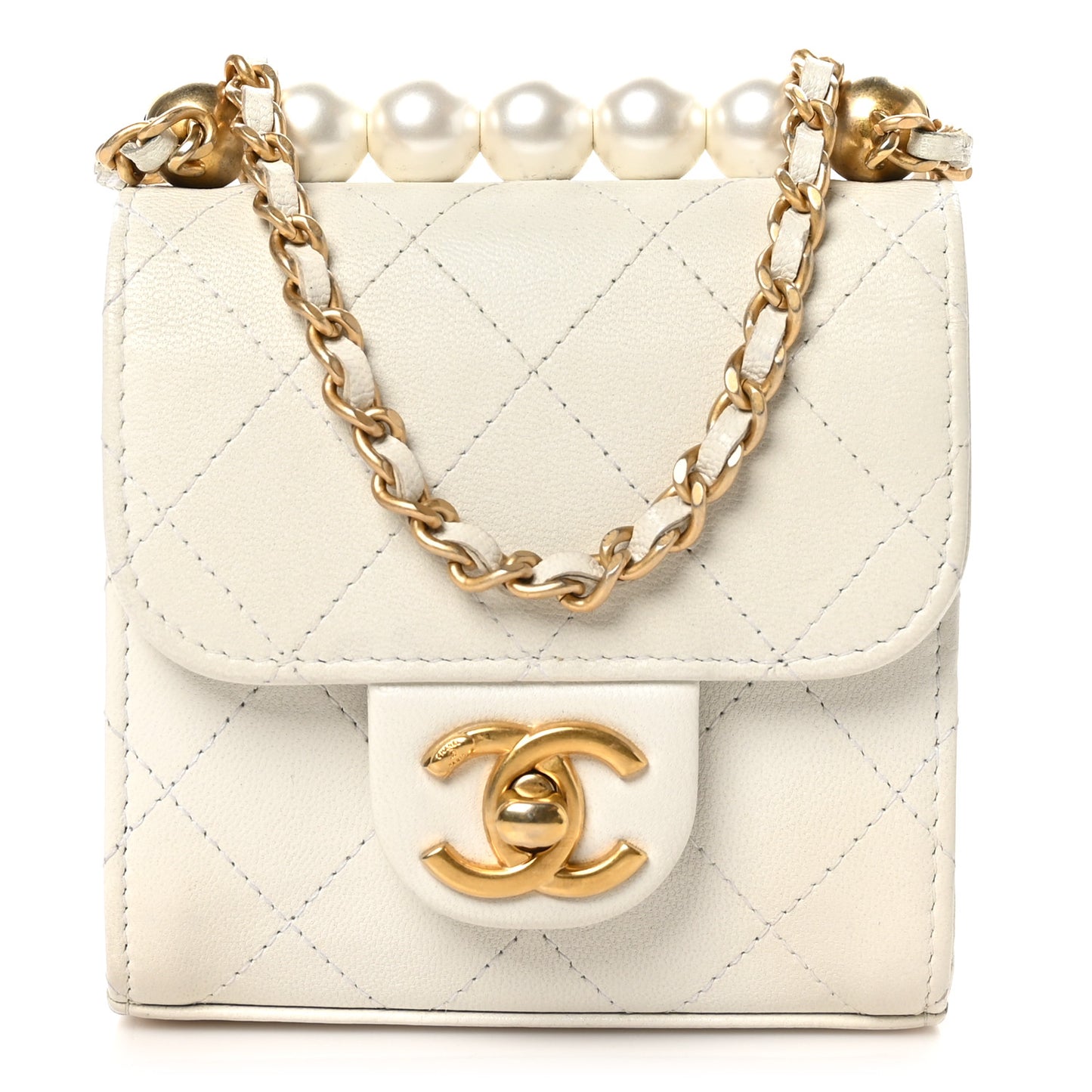 Goatskin Chic Pearls Clutch On Chain White