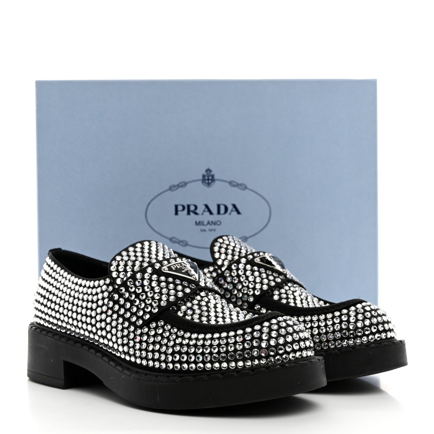 Satin Crystal Metal Triangle Logo 50mm Loafers 38 Cristal