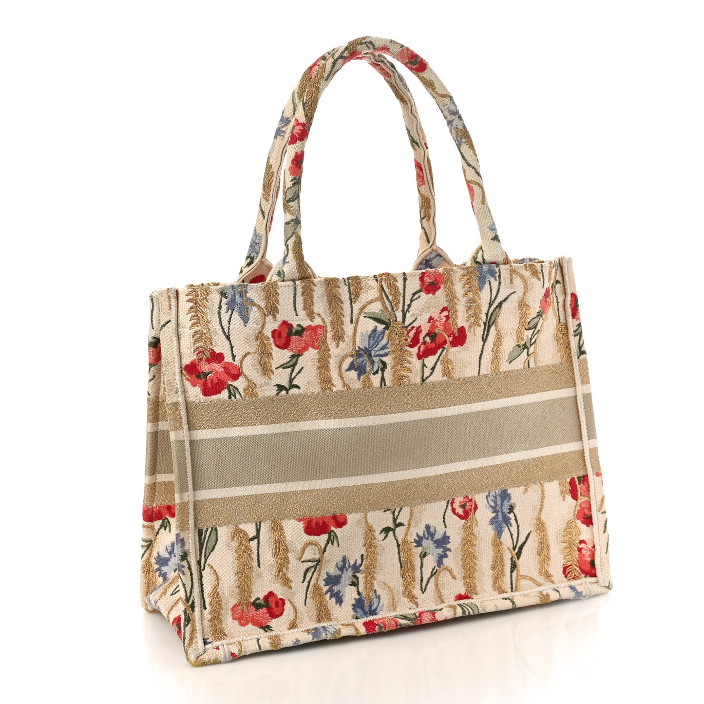 Canvas Embroidered Medium Hibiscus Book Tote Beige Multicolor