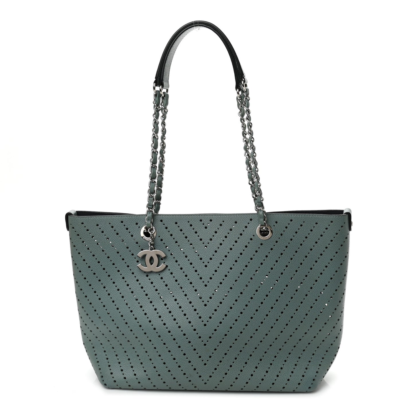 Perforated Grained Calfskin Small Shopping Tote Green
