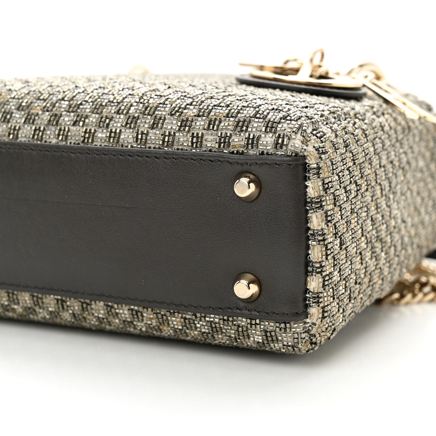 Calfskin Beaded Checkered Mini Lady Dior Grey White