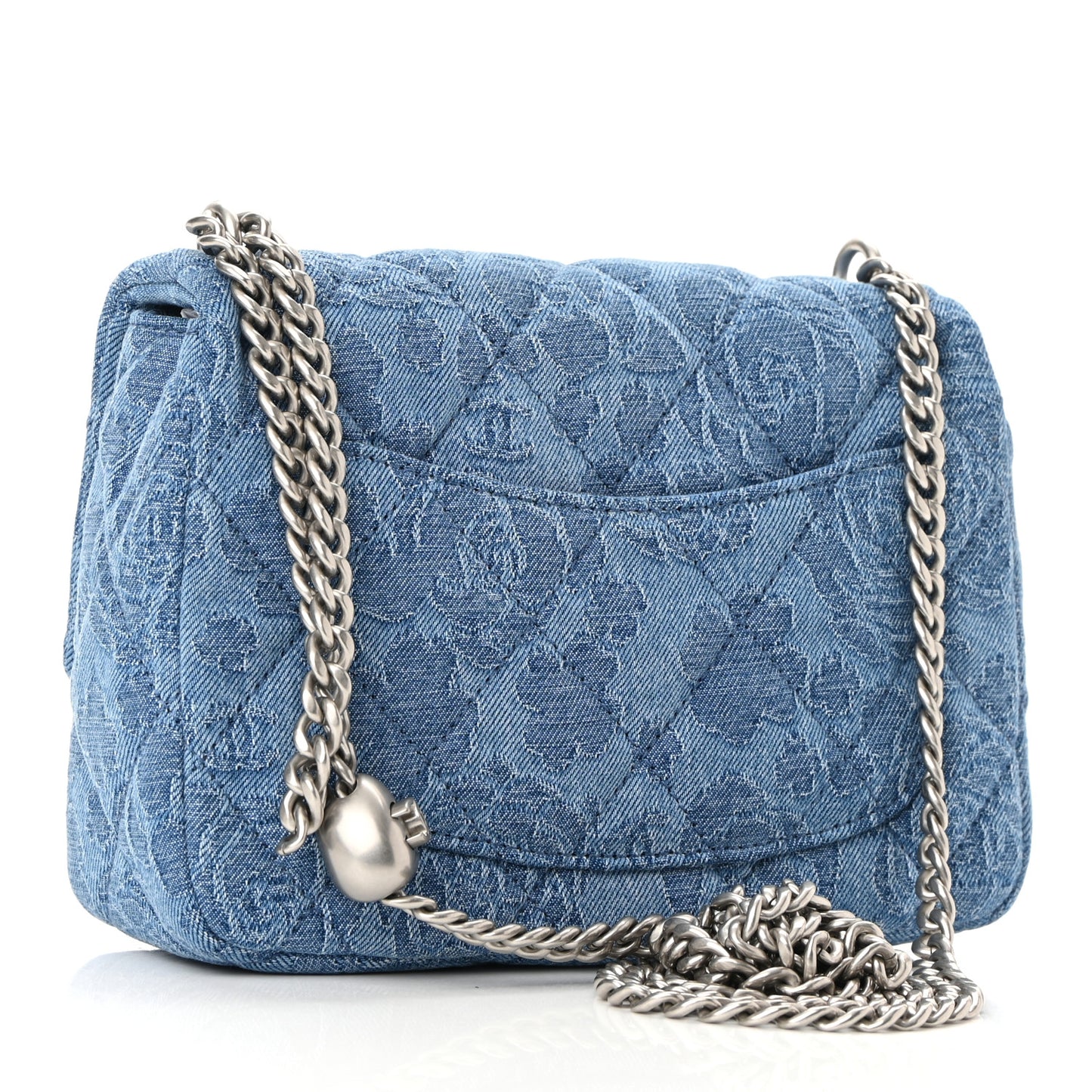 Denim Quilted Camellia Sweetheart Mini Flap Blue