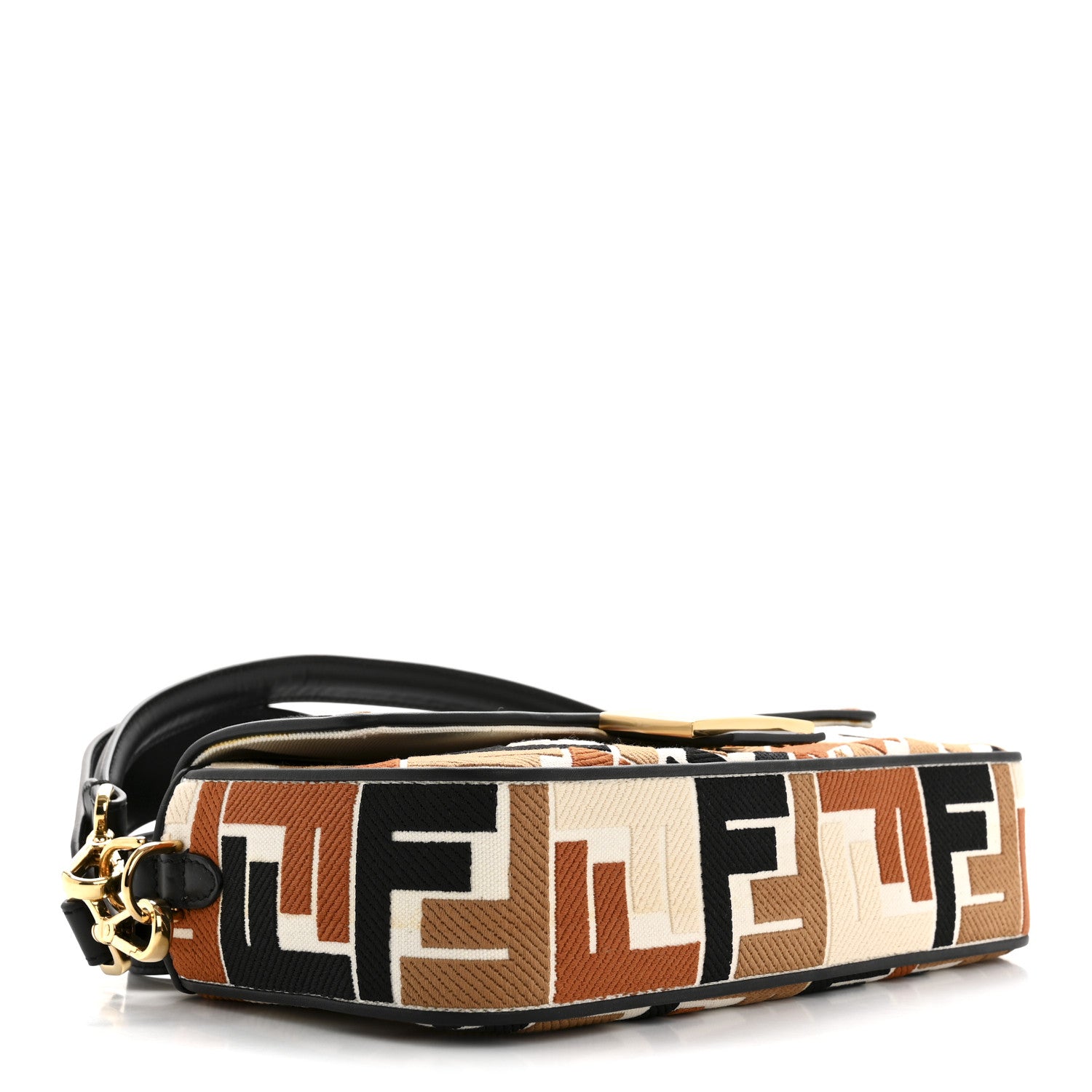 Fendi Canvas Vitello Seta FF Embroidered Baguette Brandy Black 4 of 13