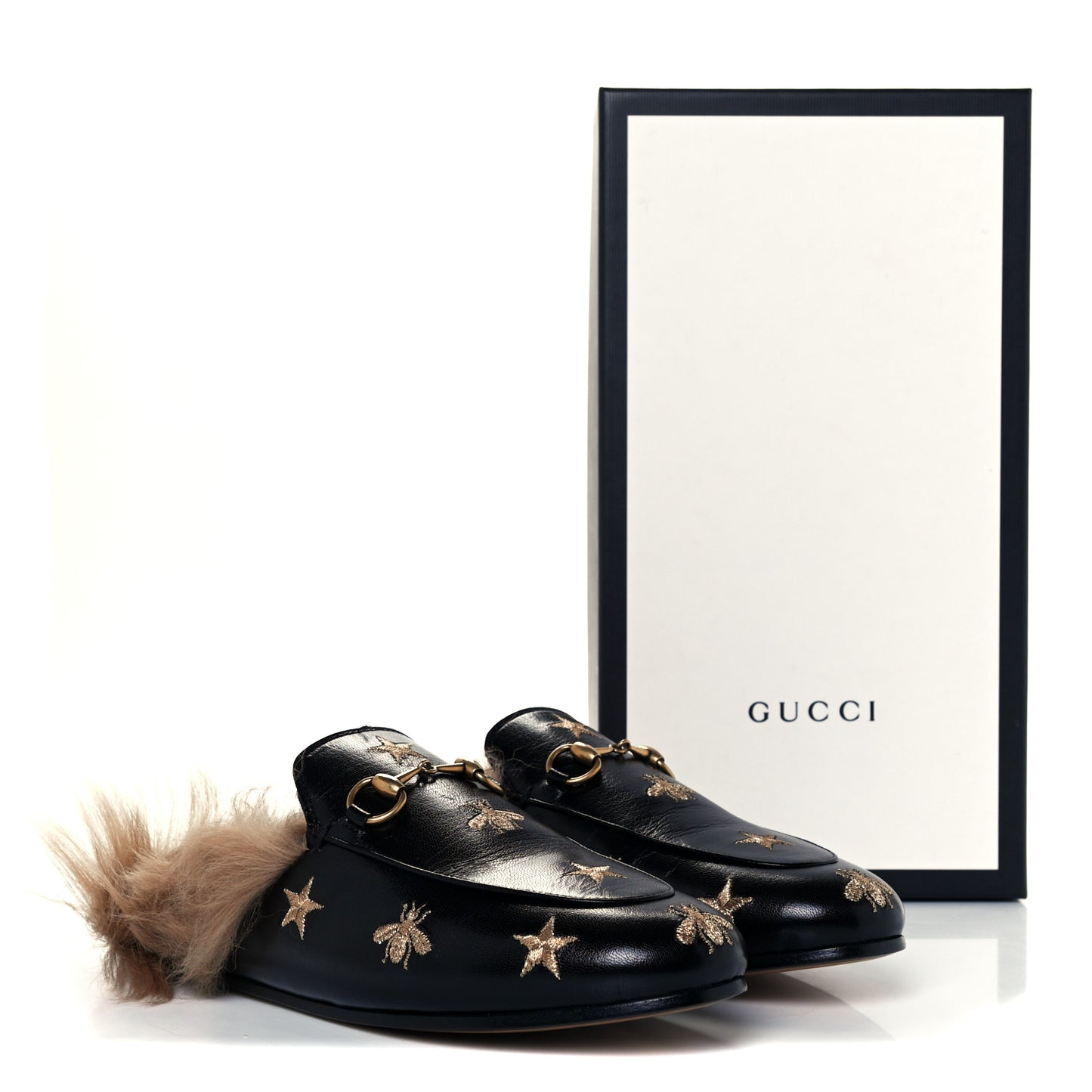 Goatskin Fur Bee Star Embroidered Womens Princetown Slippers 37 Black