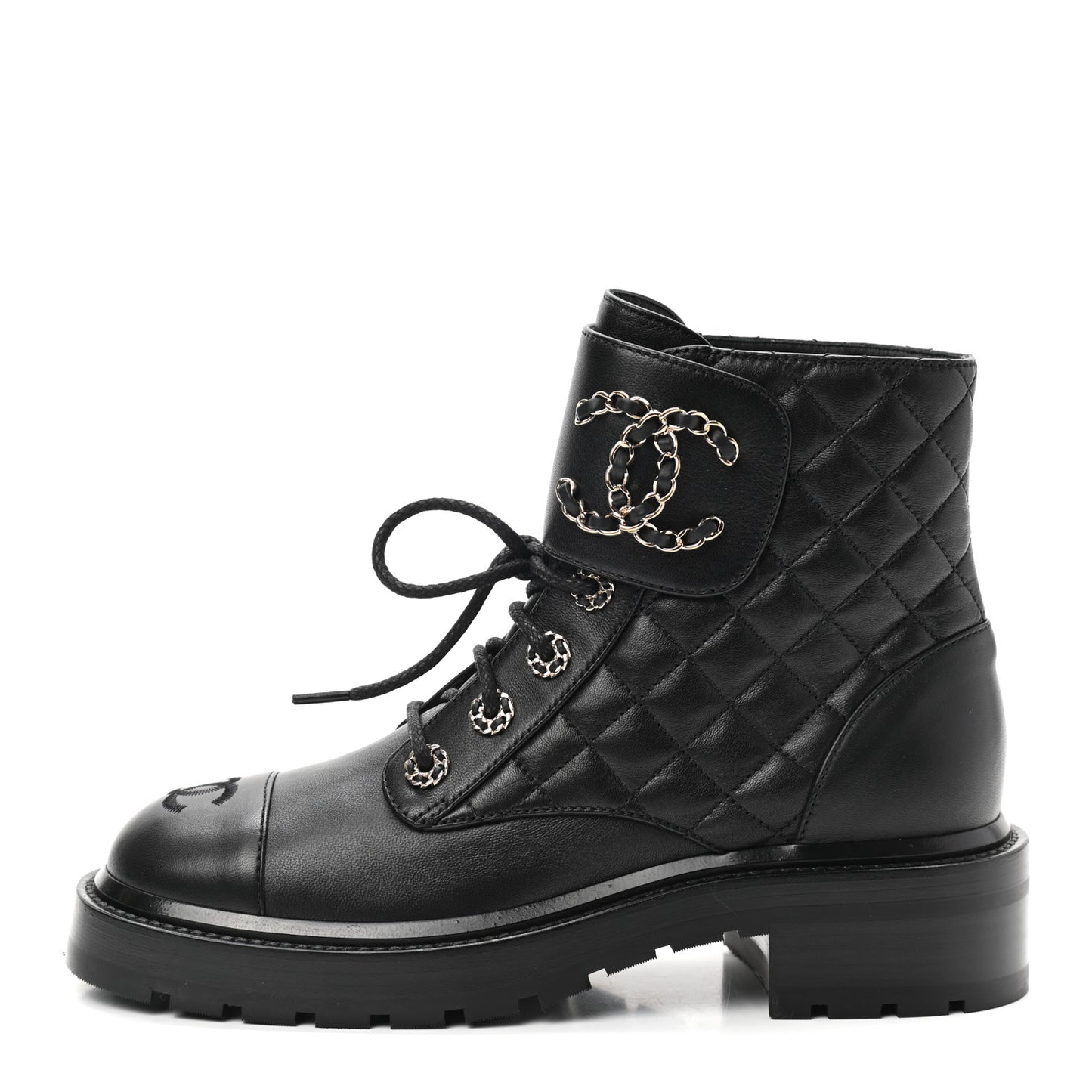 Shiny Lambskin Quilted Lace Up Combat Boots 37 Black