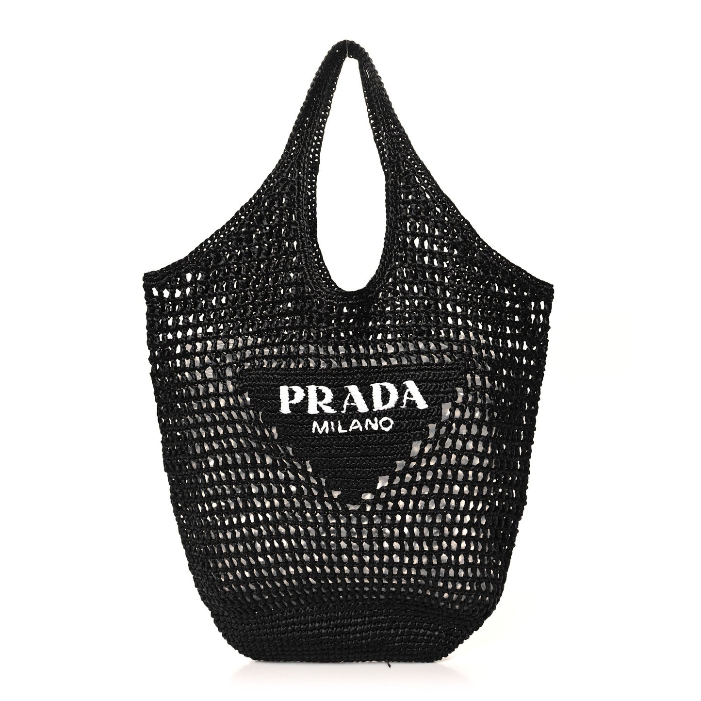 Yarn Raffia Effect Crochet Logo Embroidered Shopping Tote Bag Black