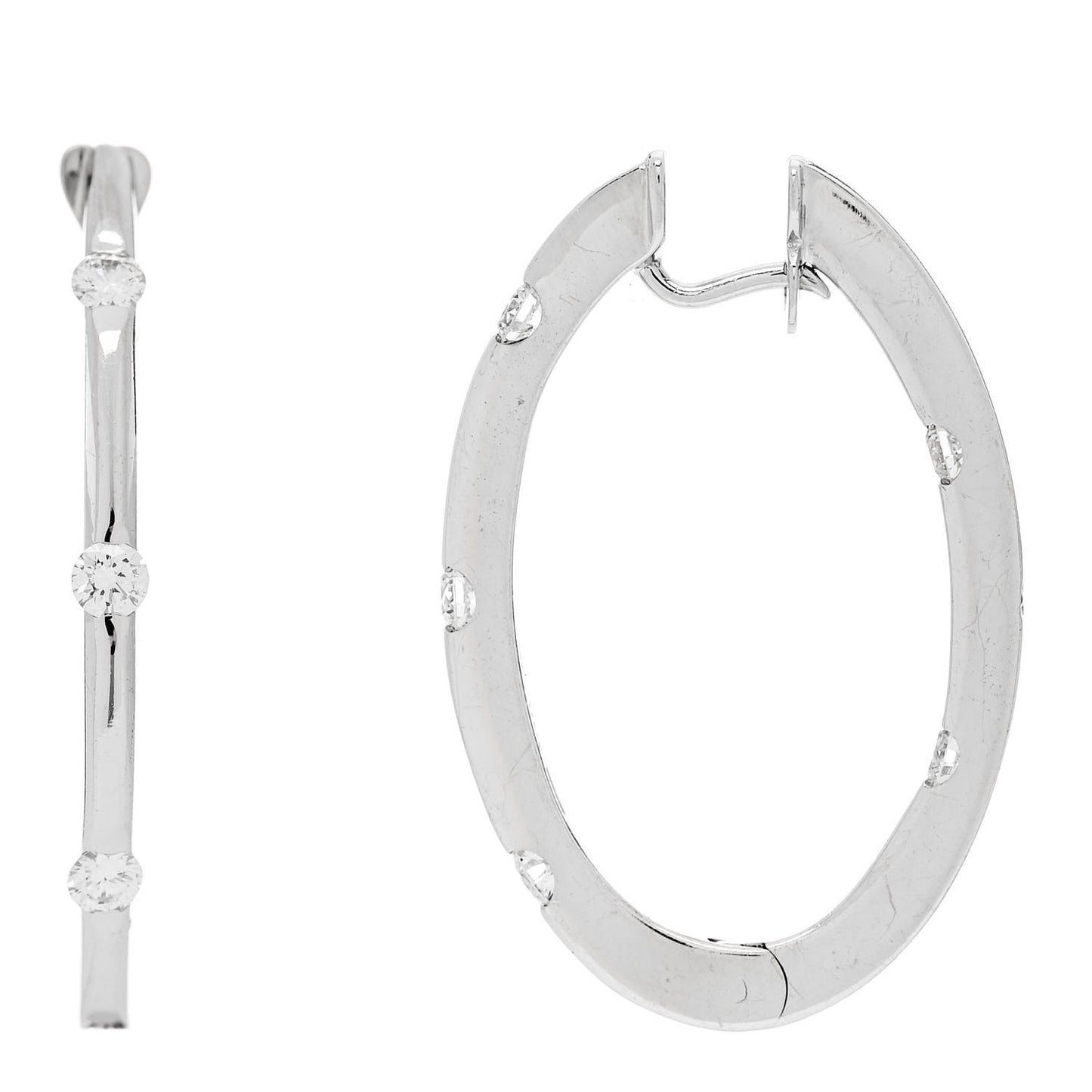 18K White Gold Diamond Flat Oval Hoop Earrings