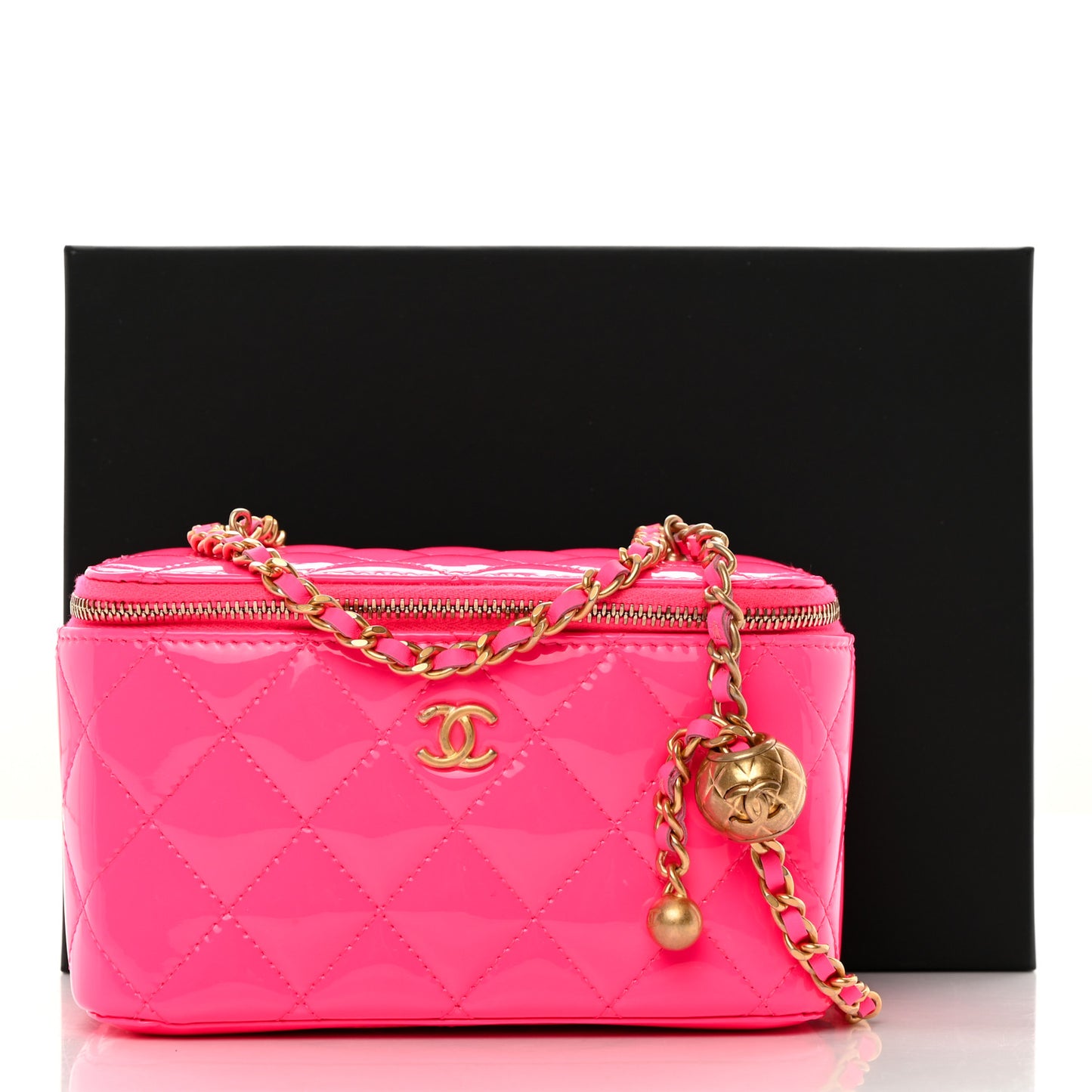 Patent Quilted Pearl Crush Small Vanity Case With Chain Neon Pink
