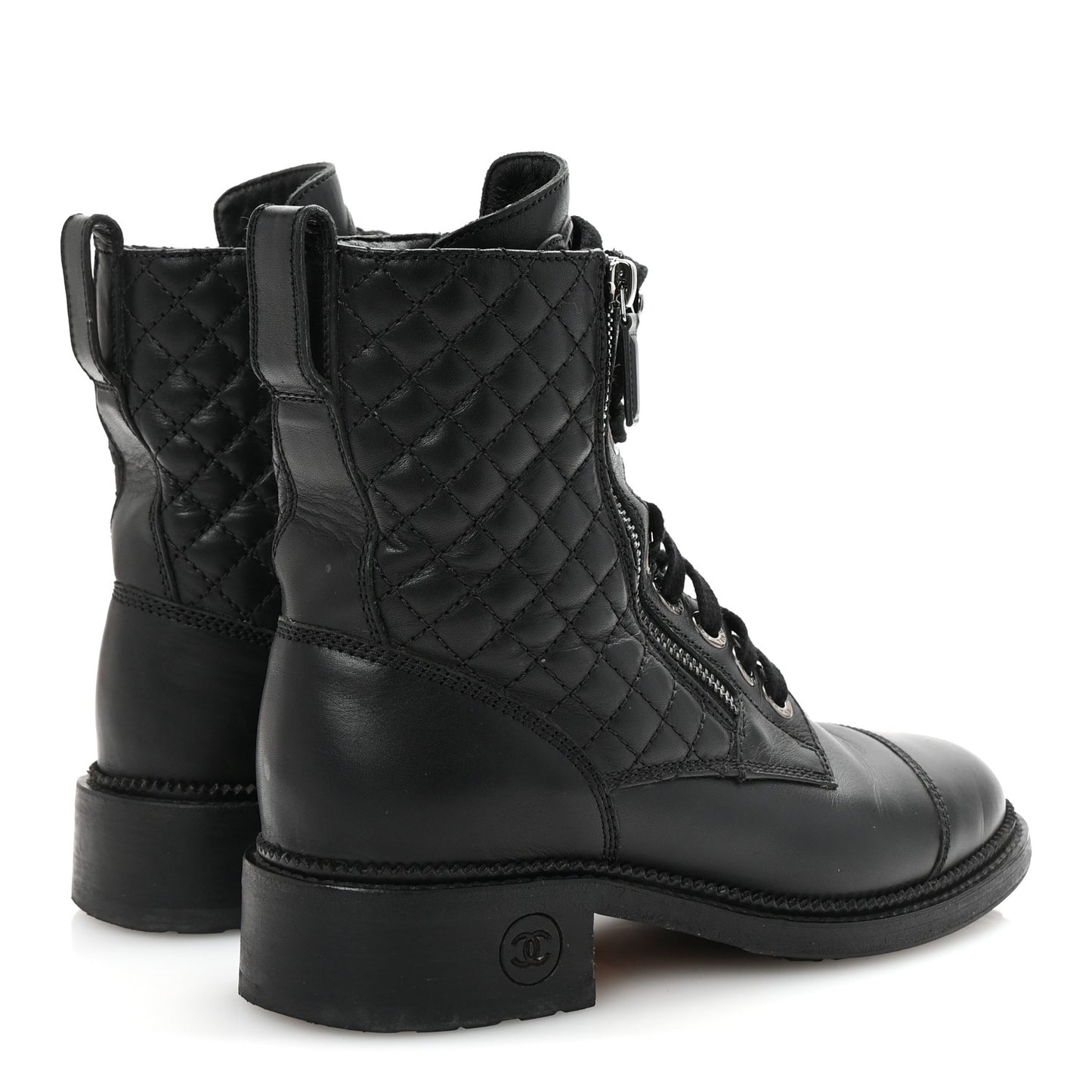 Calfskin Quilted Lace Up Combat Boots 37.5 Black