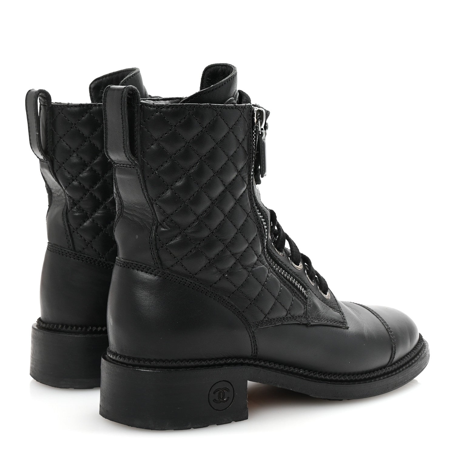 Chanel Calfskin Quilted Lace Up Combat Boots 37.5 Black 5 of 10