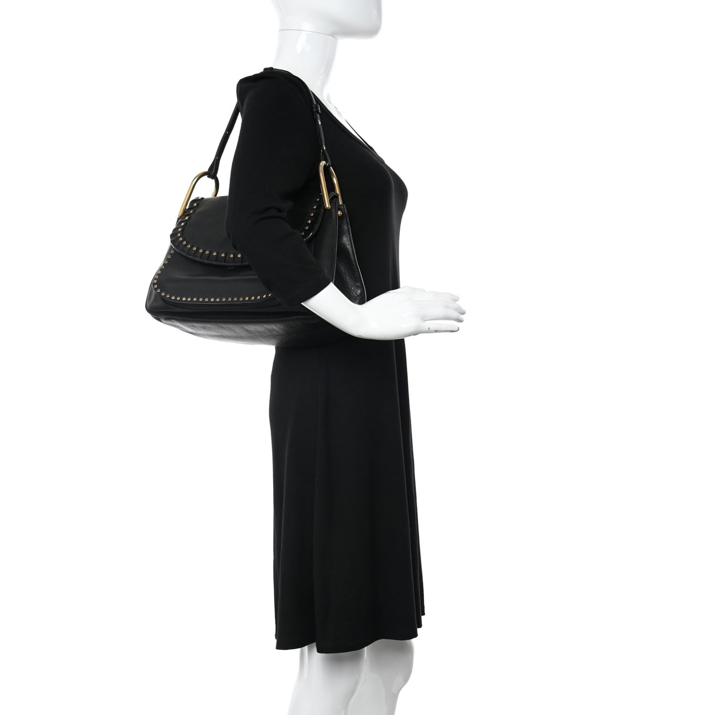 Calfskin Studded Medium Hudson Double Carry Shoulder Bag Black