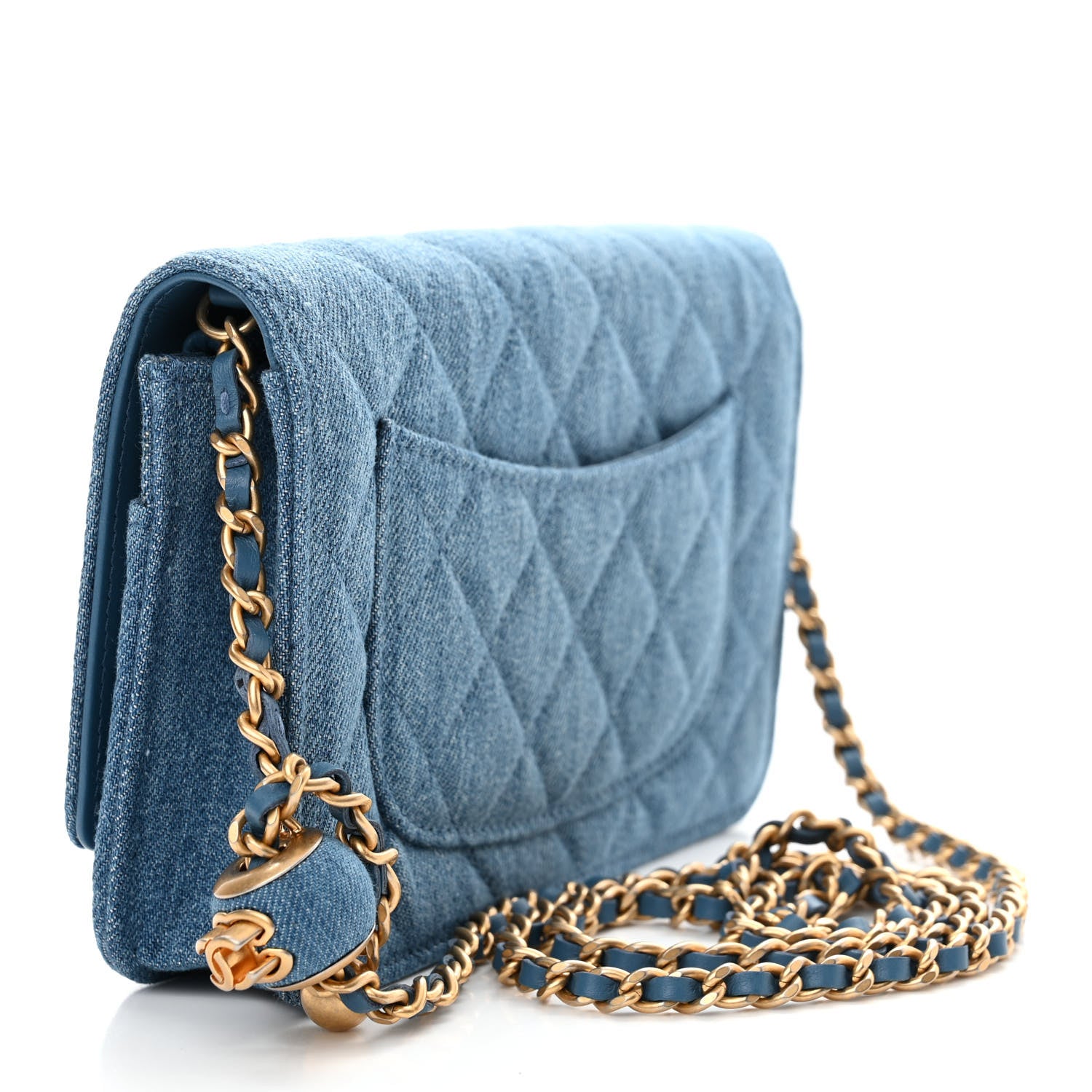 Chanel Denim Quilted CC Pearl Crush Wallet on Chain WOC Blue 3 of 12