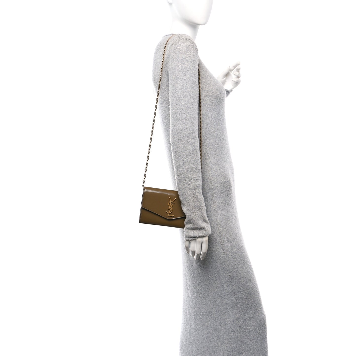 Patent Calfskin Uptown Chain Wallet Taupe
